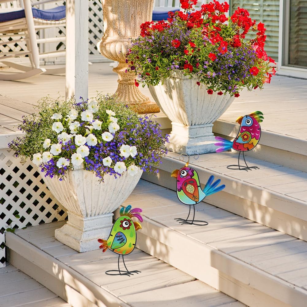 3 Pack Garden Outdoor Metal & Glass Bird Yard Art Decor, Yard Art Deco