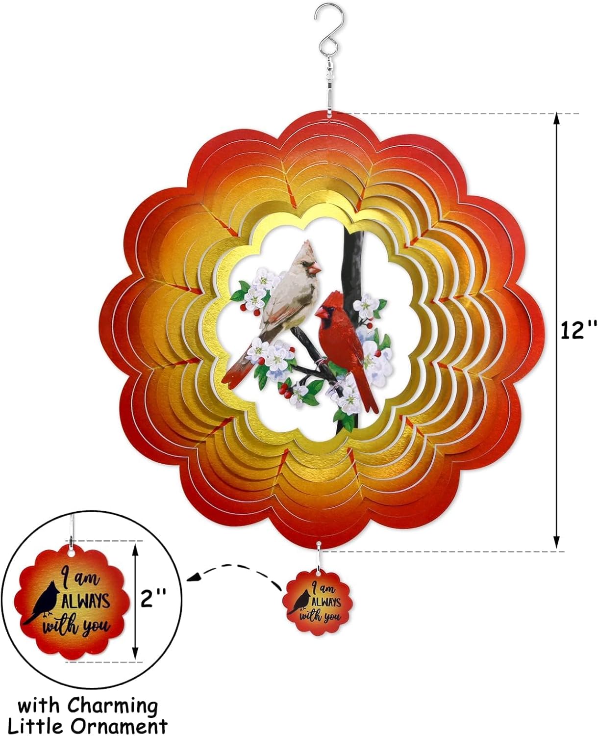 Tuitessine Red Cardinal Birds 3D Metal Wind Spinner, Stainless Steel Outdoor Garden Decor, Patio Lawn Yard Ornament, Gift for Bird Lovers