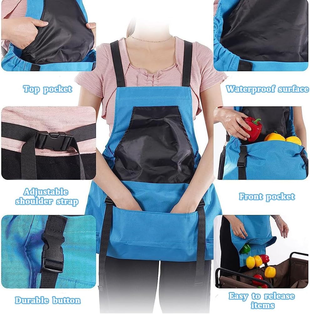 GORGECRAFT Gardening Apron Set Blue Cloth Water Washable Vegetable Harvesting Pouch Fruit Picking Bag with Quick Release Pocket Green Nylon Work Gloves for Garden Harvest Men Women