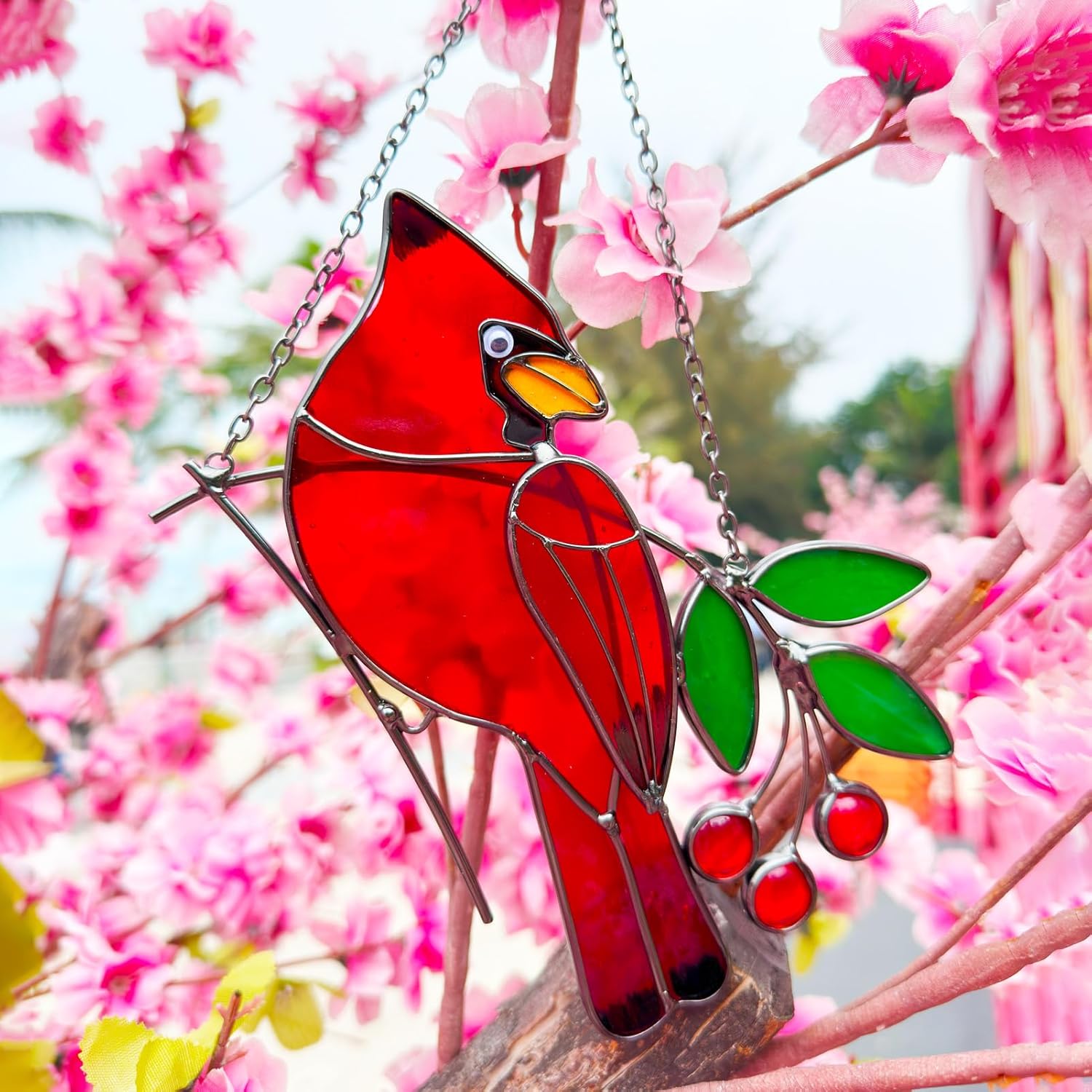 Red Birds Ornaments Stained Glass Suncatcher,Cardinal Stained Glass Wi