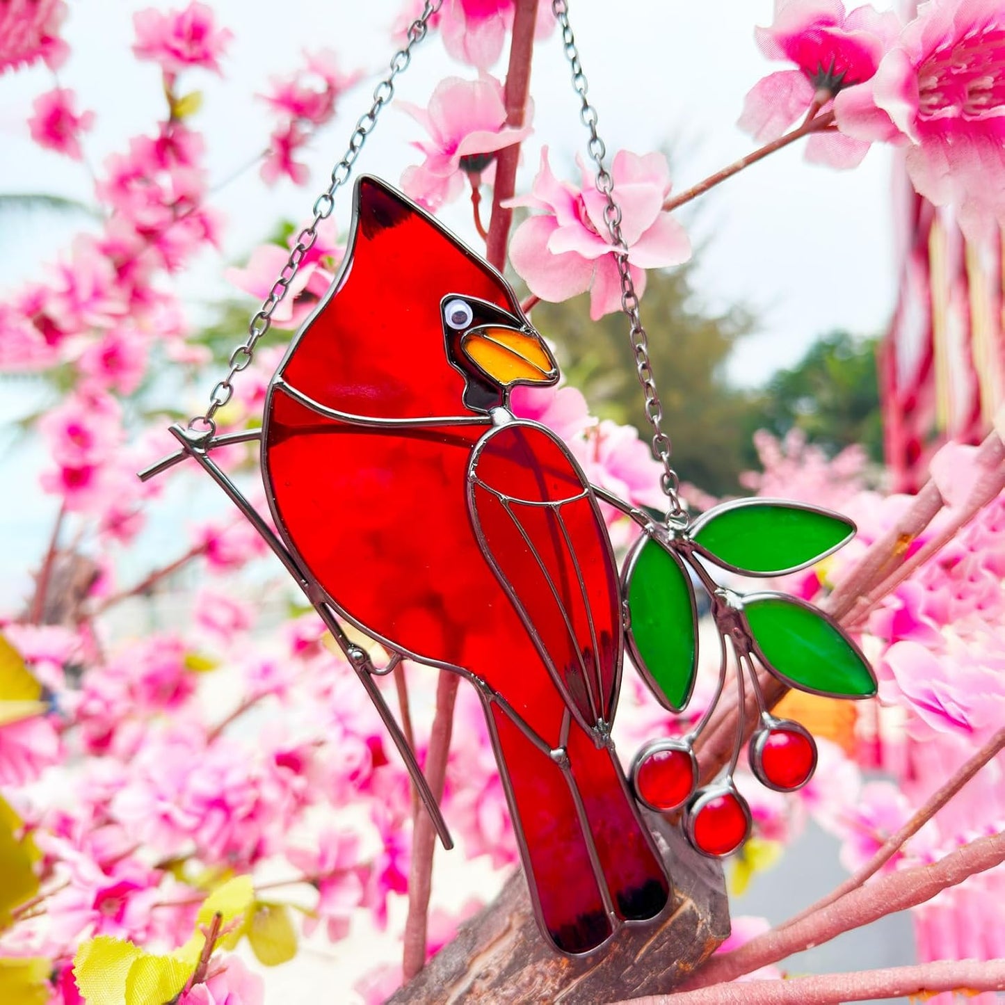 Red Birds Ornaments Stained Glass Suncatcher,Cardinal Stained Glass Window Hanging,Cardinal Decor for Housewarming,Cardinal Memorial Gifts for Women,Grandparents,Friends