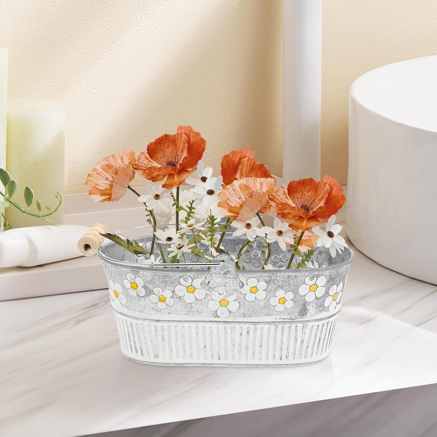 Milisten 2pcs Retro Embossed Daisy Iron Flower Buckets Oval Vintage Pl