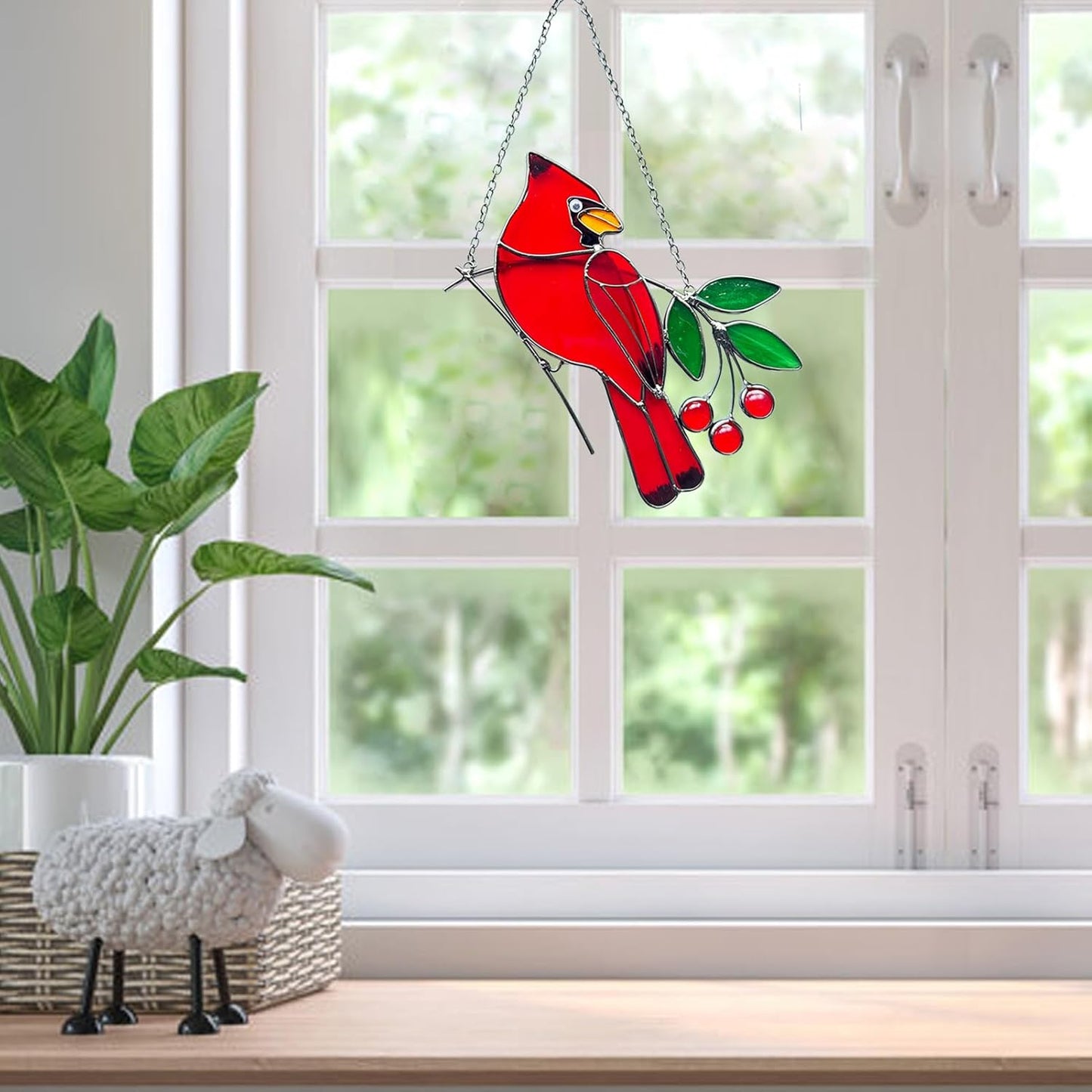 Red Birds Ornaments Stained Glass Suncatcher,Cardinal Stained Glass Wi