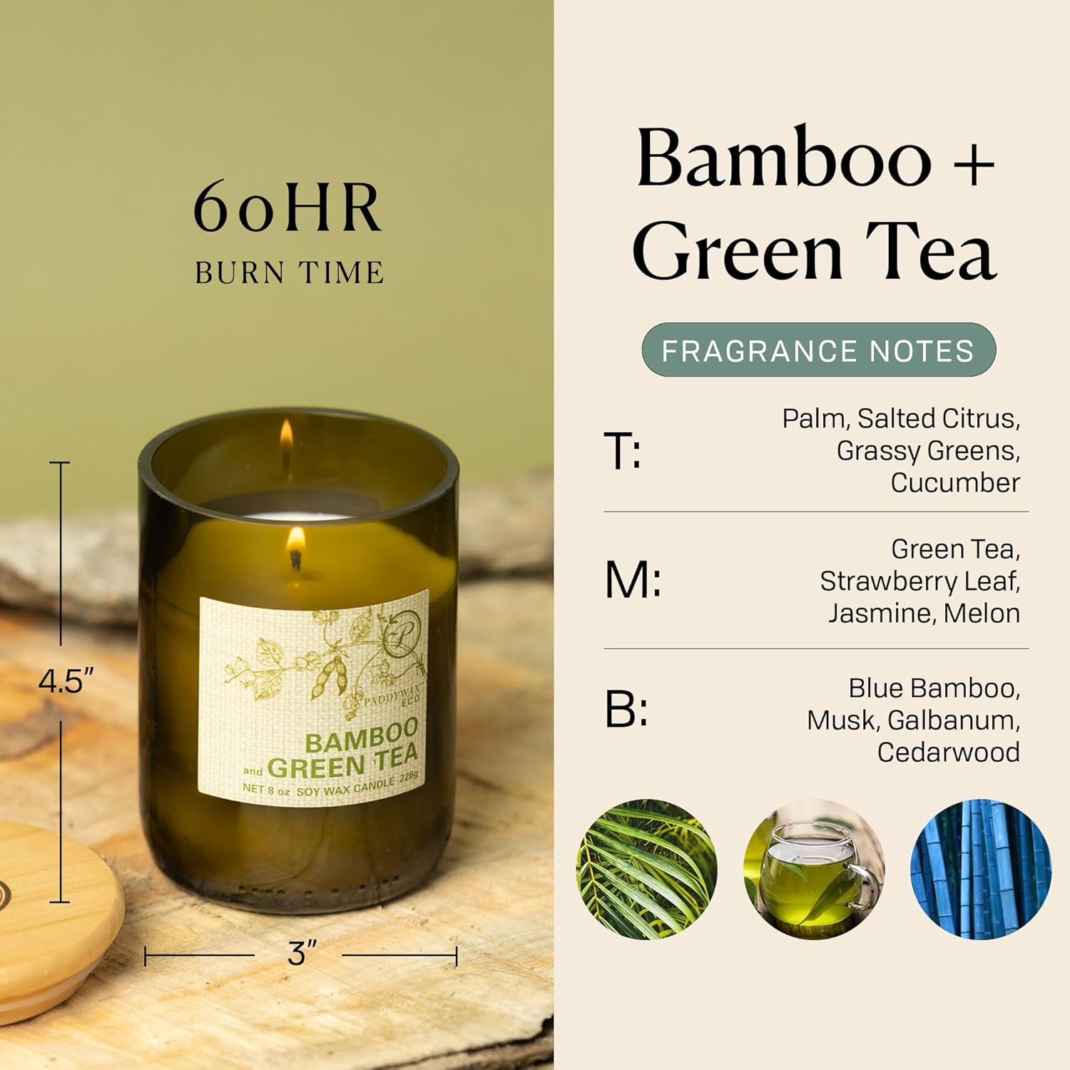 Paddywax Eco Collection Soy Wax Blend Candle in Glass Jar, Bamboo & Gr