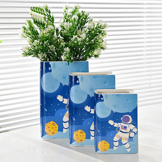 Ceramic Book Shaped Vase Cute Bookshelf Decor Star Astronauts Pot Planter Bookends Planter Simple Modern Flower Bud Vase Unique Vase for Book Lovers Gifts (A-1pcs, M)