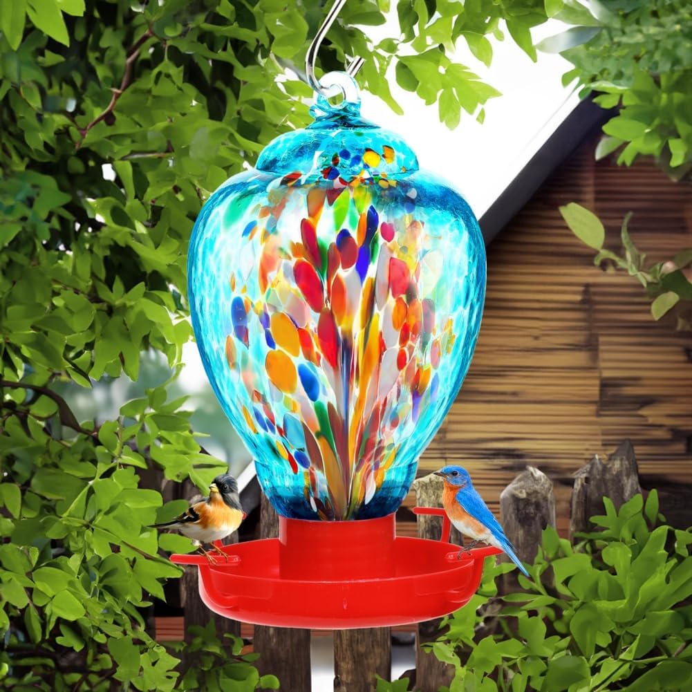 Colorful Glass Wild Bird Waterer 32 Oz Bird Water Feeder for Outdoors 