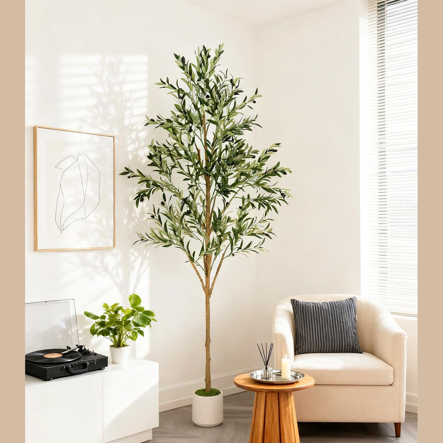 Artificial Olive Tree - Tall Indoor Faux Olive Tree with Planter & Basket, Realistic Fake Olive Tree with Fruits for Home Office Decor Living Room (7ft)