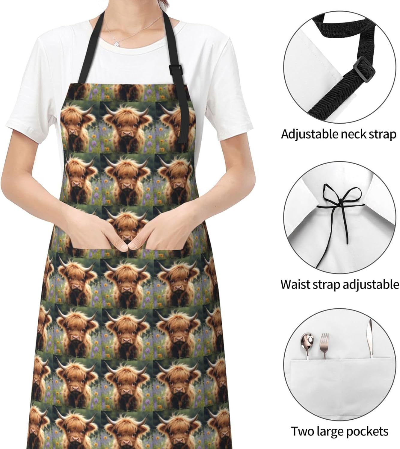 YANYU Cute Cow Print 28x33 In Kitchen Apron Stylish Chef Apron with Pockets for Cooking Baking Painting