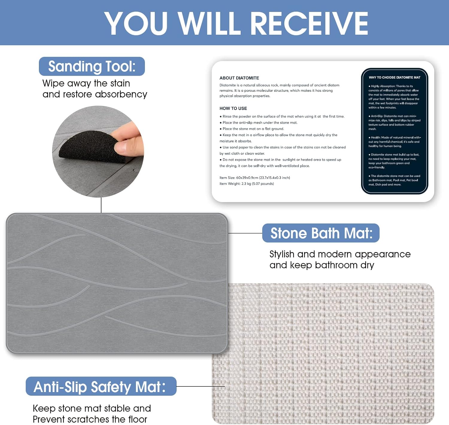 Stone Bath Mat Diatomaceous Earth Shower Mat Non-Slip Super Absorbent 