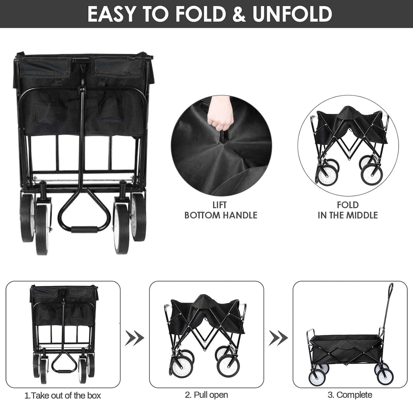 Heavy-Duty Collapsible Utility Wagon - 262L Capacity, One-Pull Foldable Cart with Durable Steel Frame, Rubber Wheel, Comfortable Grip - Great for Groceries, Shopping, Camping - Portable and Spacious