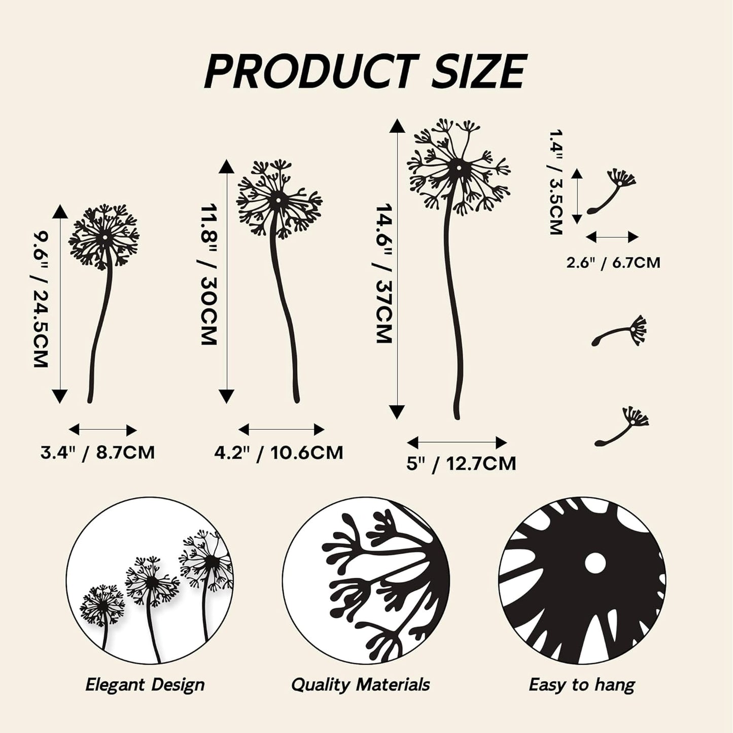 Rajukit Dandelion Wall Art Set of 6 – Rustic Metal Flowers Wall Decor with 3 Dandelions & 3 Seeds, Zen Garden & Laundry Room Sculpture – Waterproof Wall Decor (21.6''x17'')