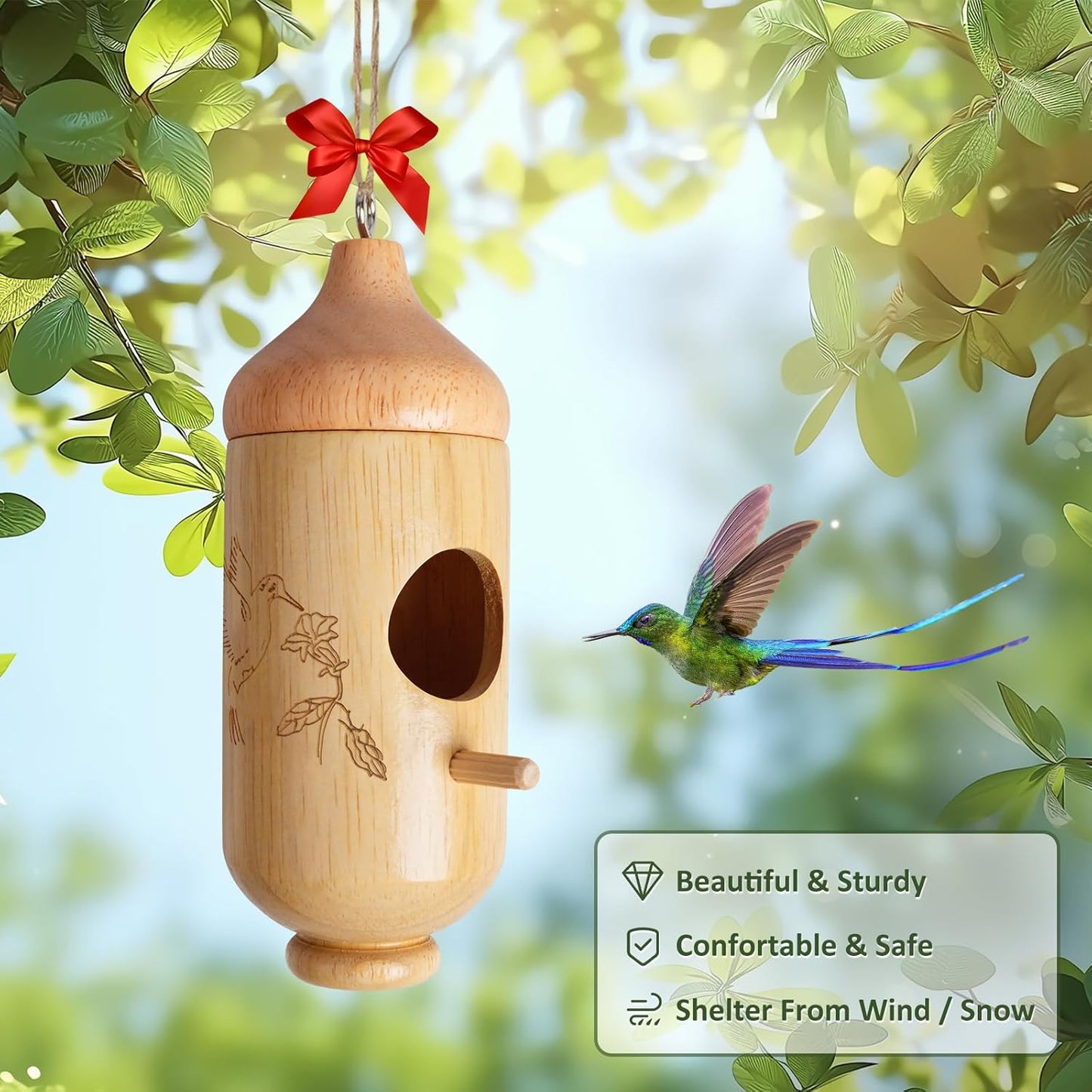 Hummingbird House, Wooden Hummingbird Houses for Outside Hanging, Nest Swinging, Wooden Bird Houses with Cotton, Bow, String, Gardening Gifts Decoration (1 Pack)