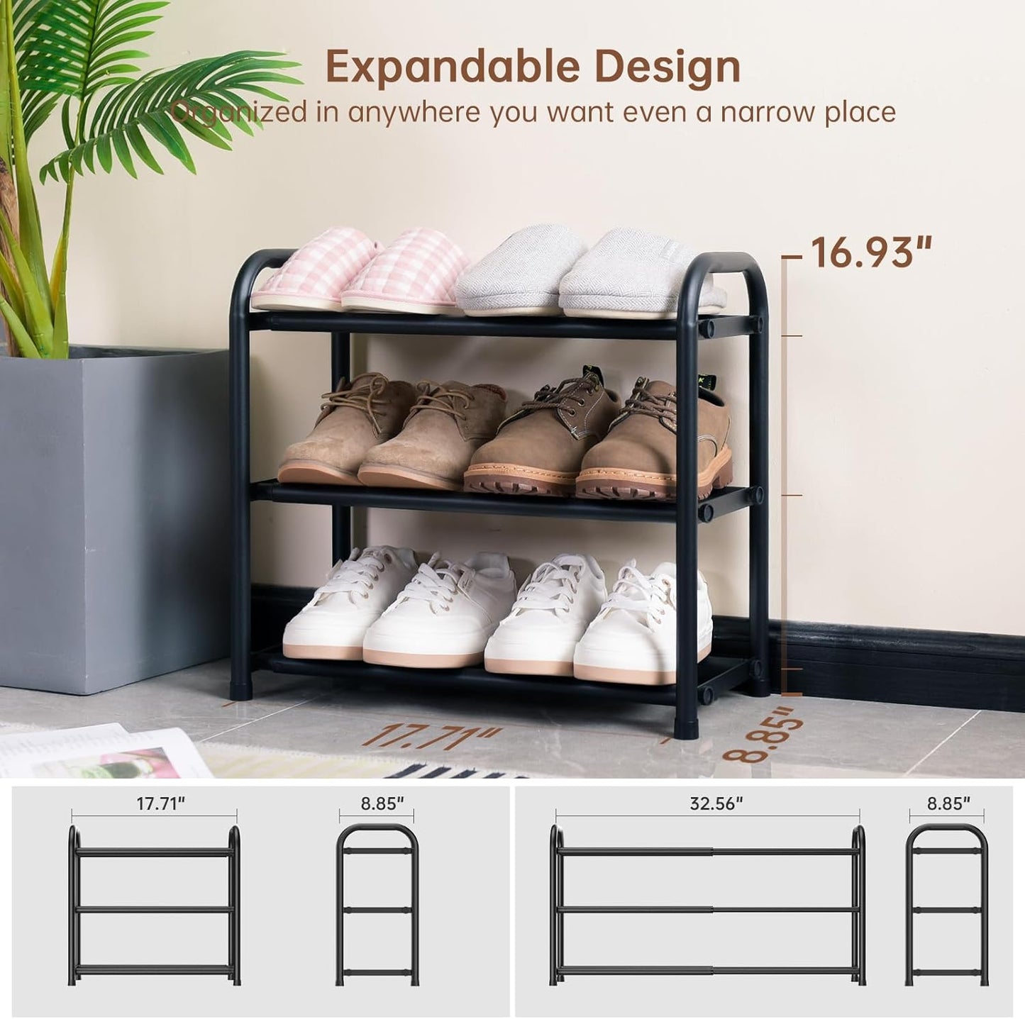 Gonfoam 3-Tier Expandable Shoe Rack,Adjustable Shoe Shelf Storage Orga