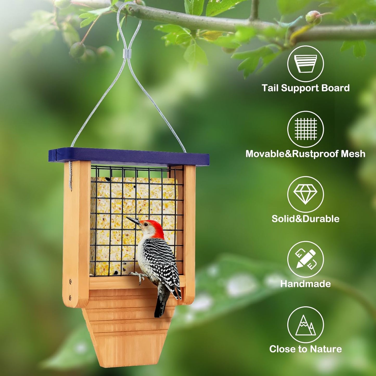 Wooden Suet Bird Feeder for Outside Hanging, Woodpecker Suet Feeder with Tail Prop, Hanging Bird Feeder for Wild Birds, 1 Pack, Blue