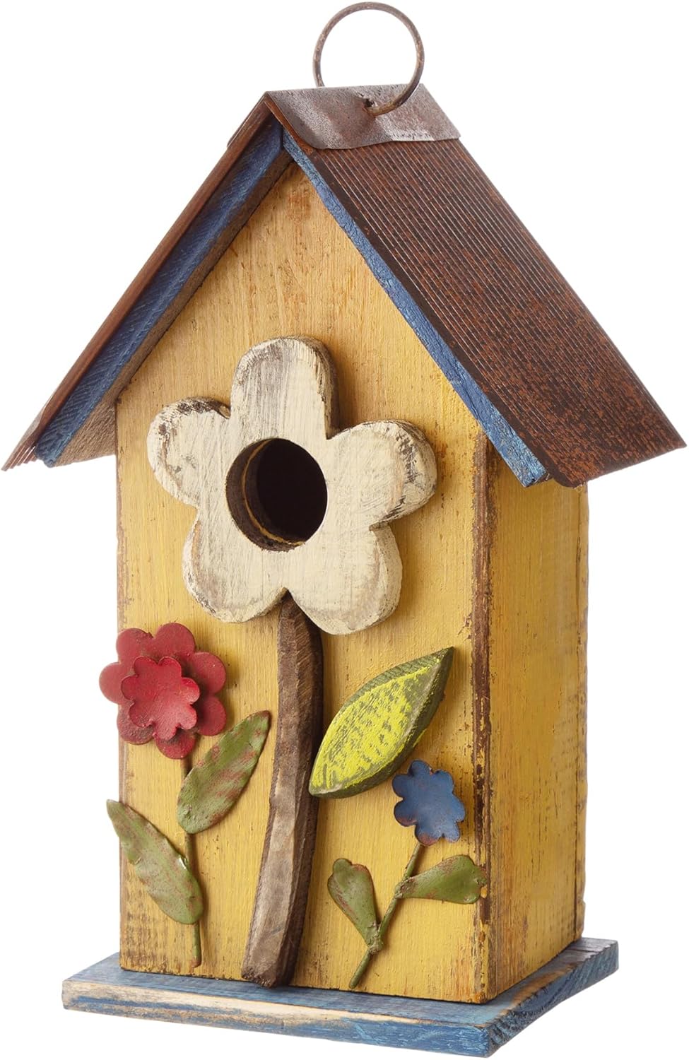 10.25''H Hanging Birdhouse Washed Yellow Distressed Solid Wood Cottage