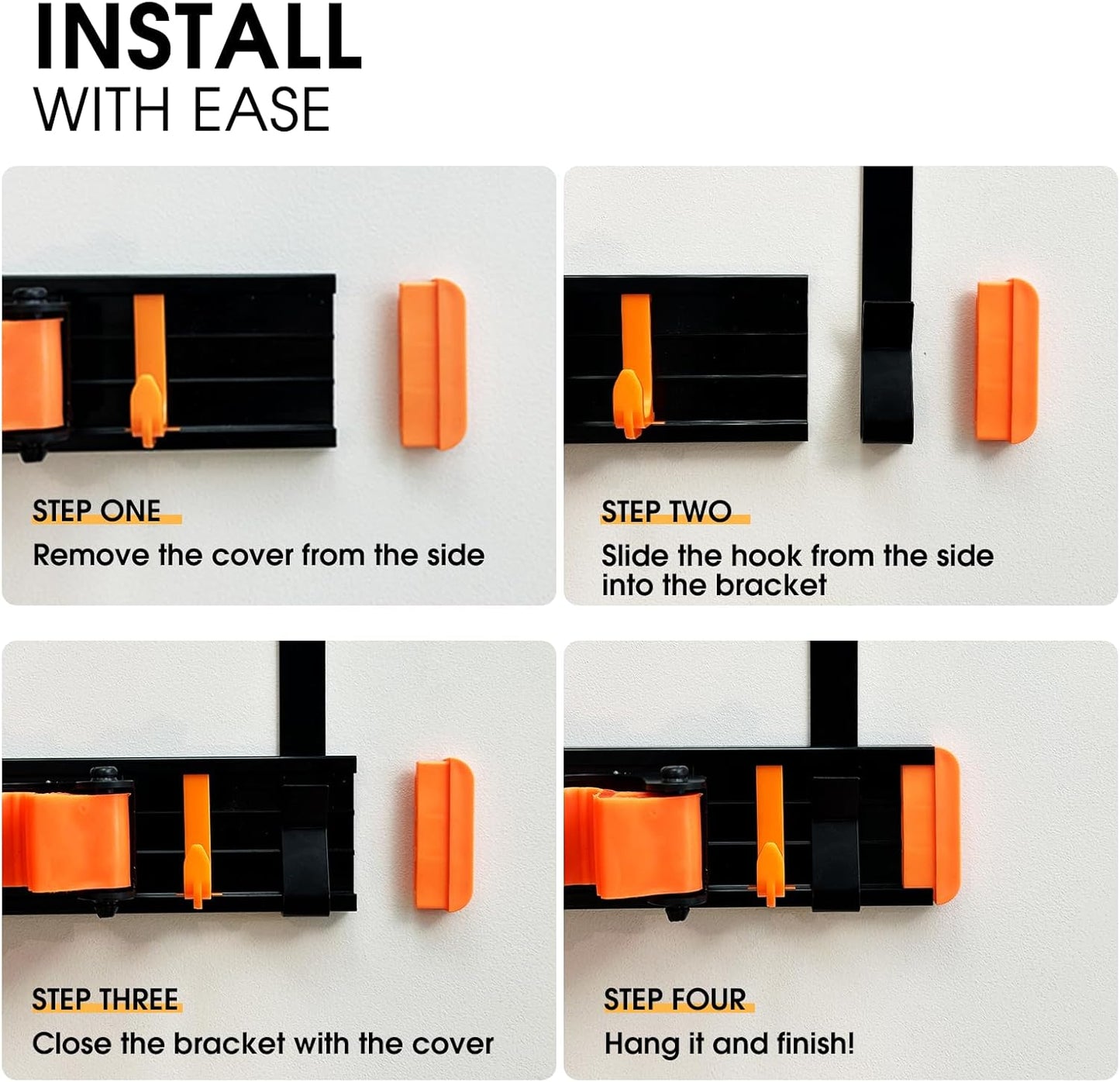 Unjumbly Broom Holder Wall Mount, Drilling Free Mop and Broom Holder with 2 Over Door Hooks, Tool Organizer for Laundry Room, Garage, Kitchen, Closet, Bathroom, Pantry - Orange