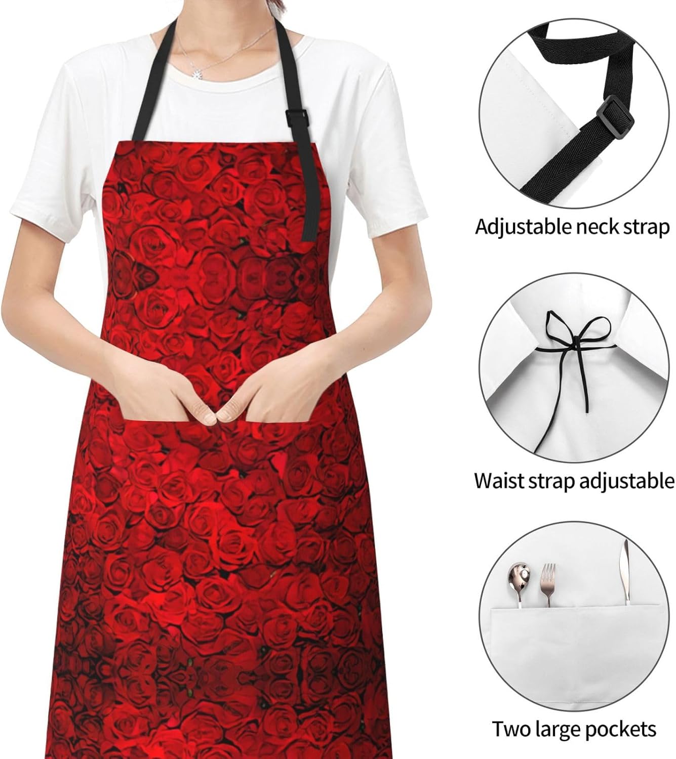 Red Rose1 Print Laundry apron 28x33 In Waterproof Kitchen Apron with Pockets for Cooking Baking