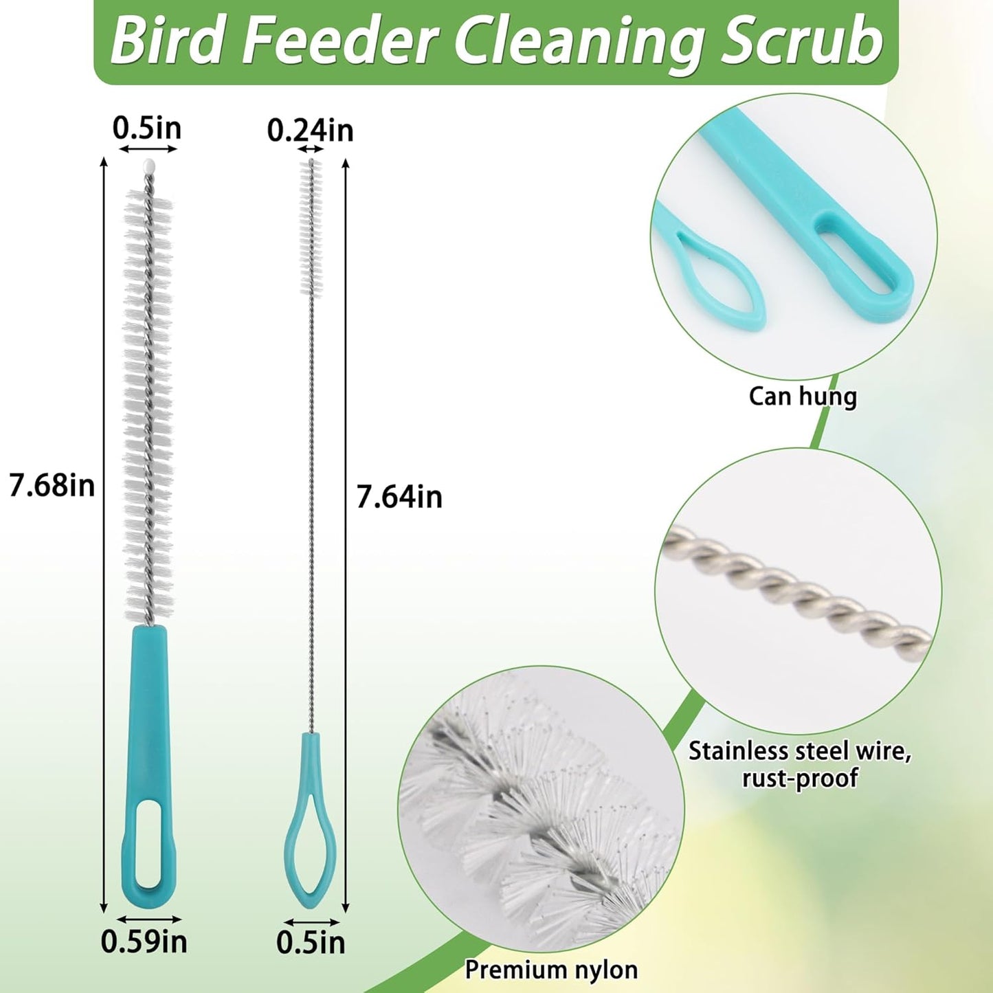 5Pcs Bird Bath Brush Kit, Larbeti 1P Hard Silk Bristle Bird Bath Cleaner Brush, 2P Hummingbird Feeder Cleaning Scrub, 1P Steel Wire Scrub, 1P Clean-Cloth to Hummingbird Feeders, Bath Feeders