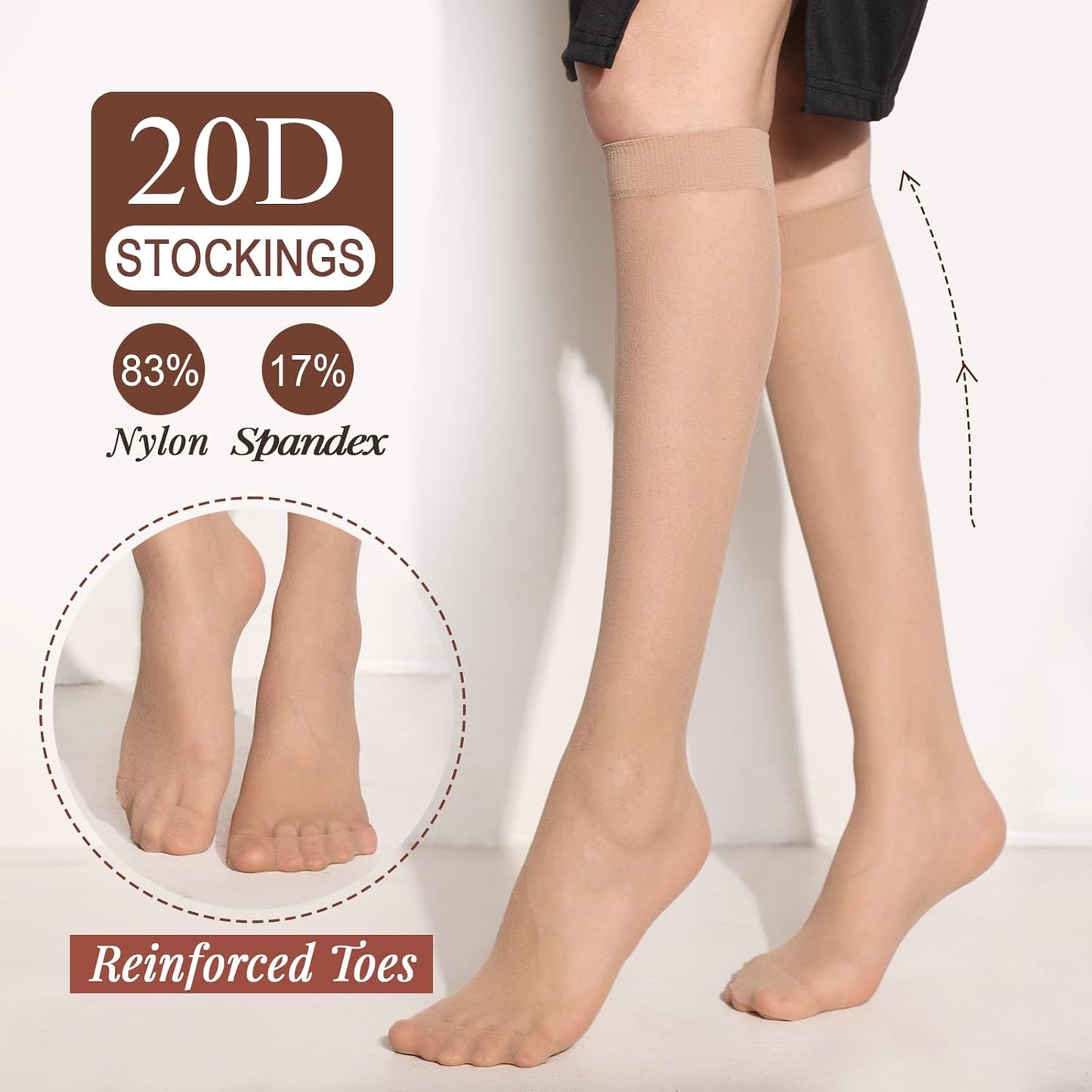 12 Pairs Knee High Stockings for Women, 20 Denier Sheer Nylon Socks fo