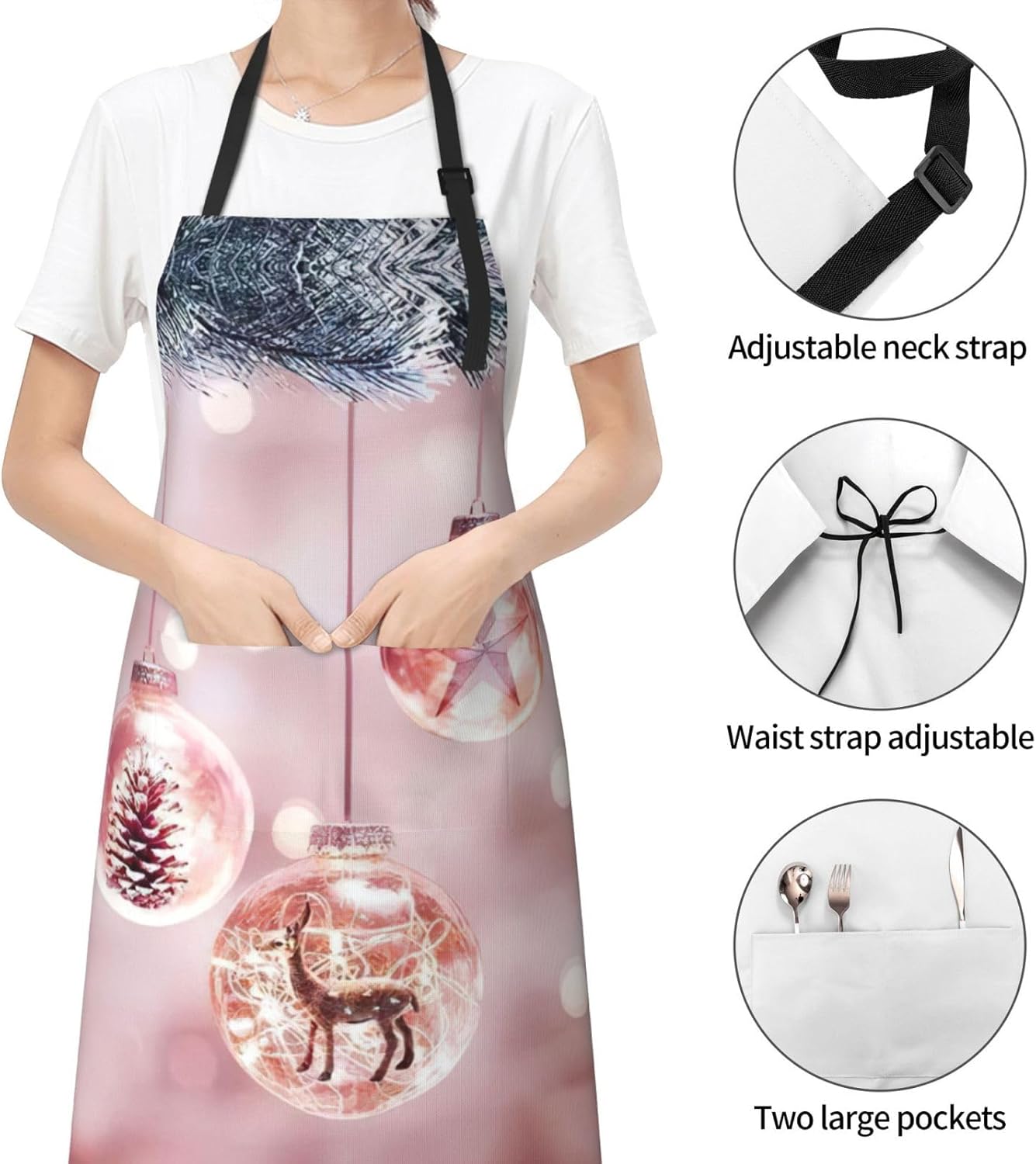 Pink Christmas Ball Print 28x33 In Adult Kitchen Apron with Pockets Versatile Chef Smock for Cooking Baking