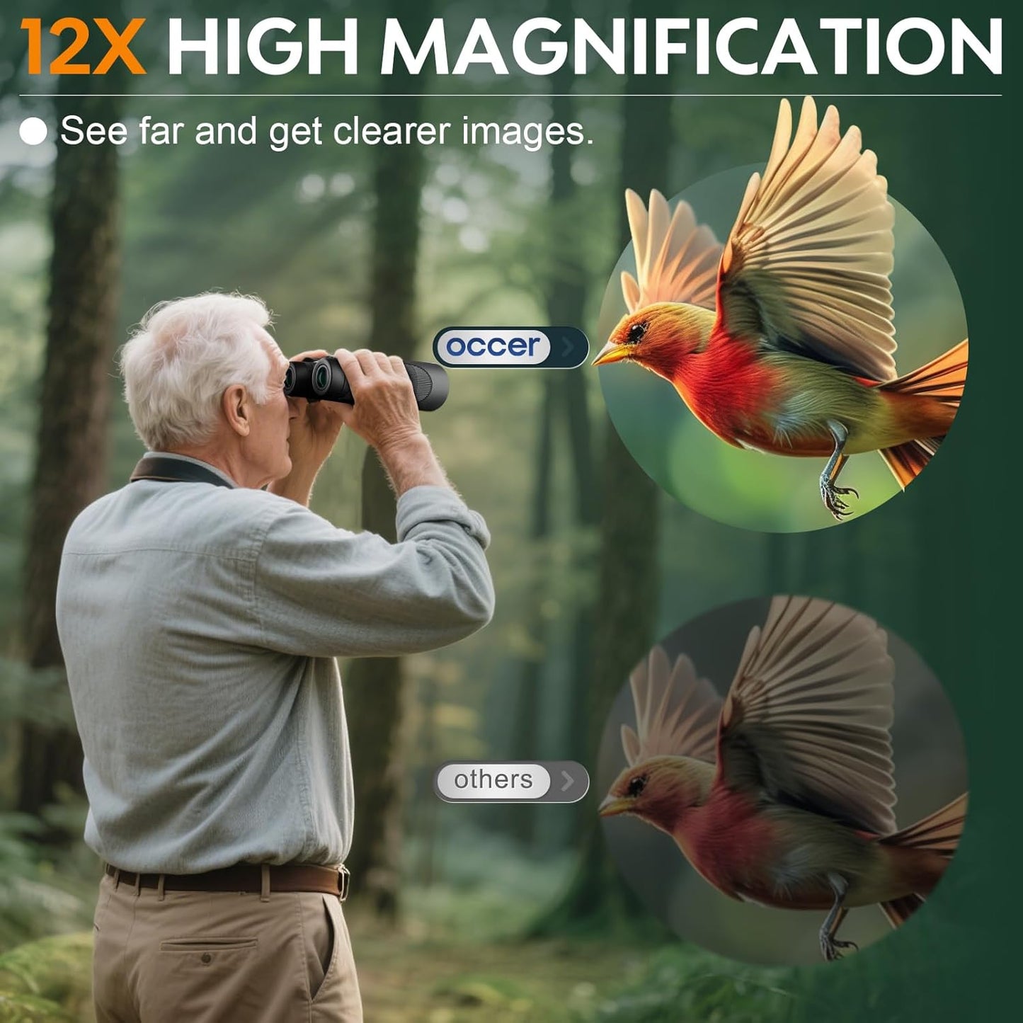 Occer 12x50 Bird Watching Binoculars for Adults - High Powered Binoculars with Clear Image - Easy Focus HD Binocular for Cruise Ship Hunting Travel Concert Stargazing Birthday Gift for Men