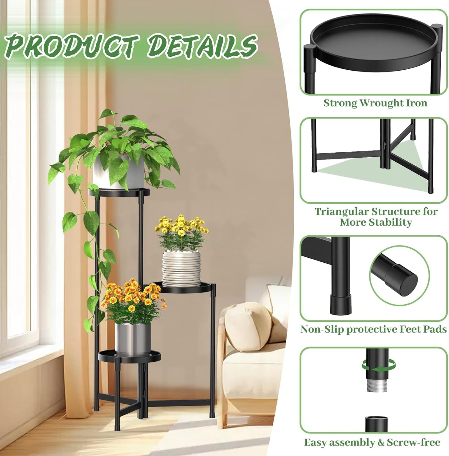 MOKANI Metal Plant Stand Indoor Outdoor for Multiple Plants, 3 Tiered 