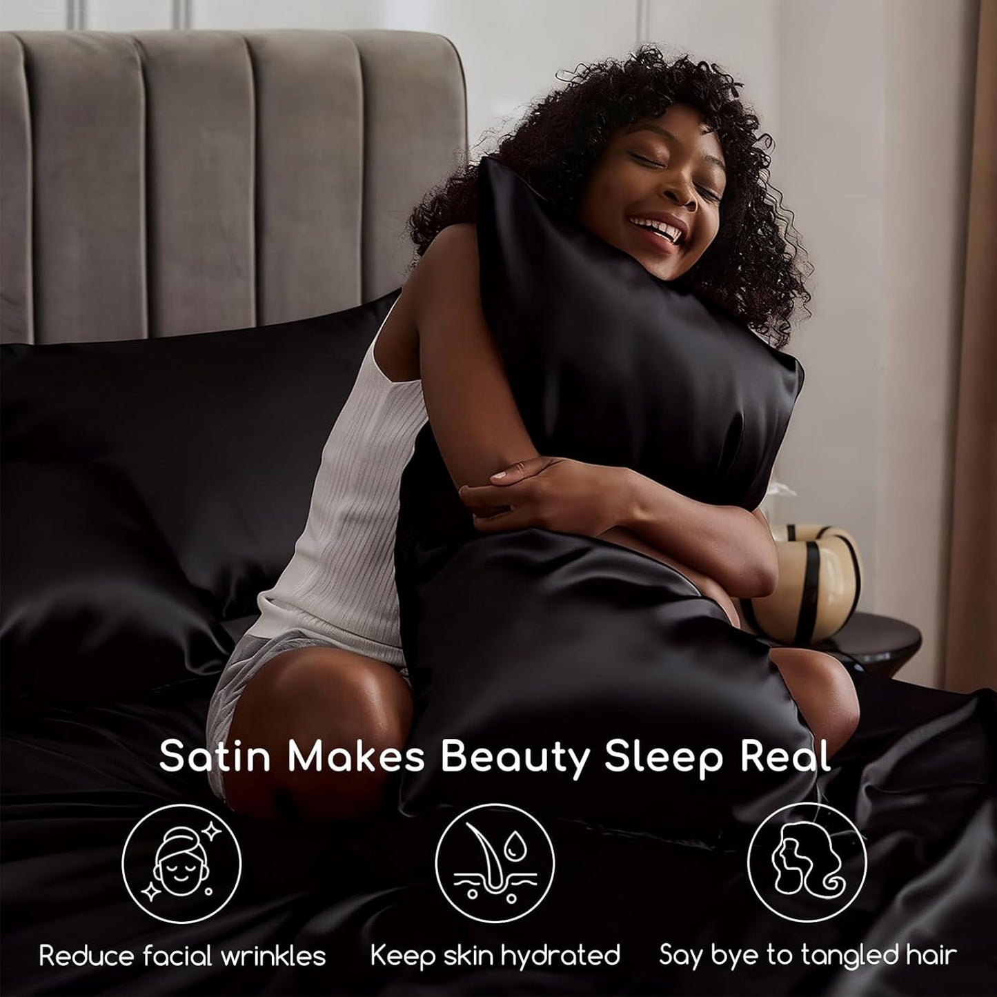 MR&HM Satin Bed Sheets, Queen Size Sheets Set, 4 Pcs Silky Bedding Set with Elastic Corner Straps and 15 Inches Deep Pocket for Mattress (Queen, Black)