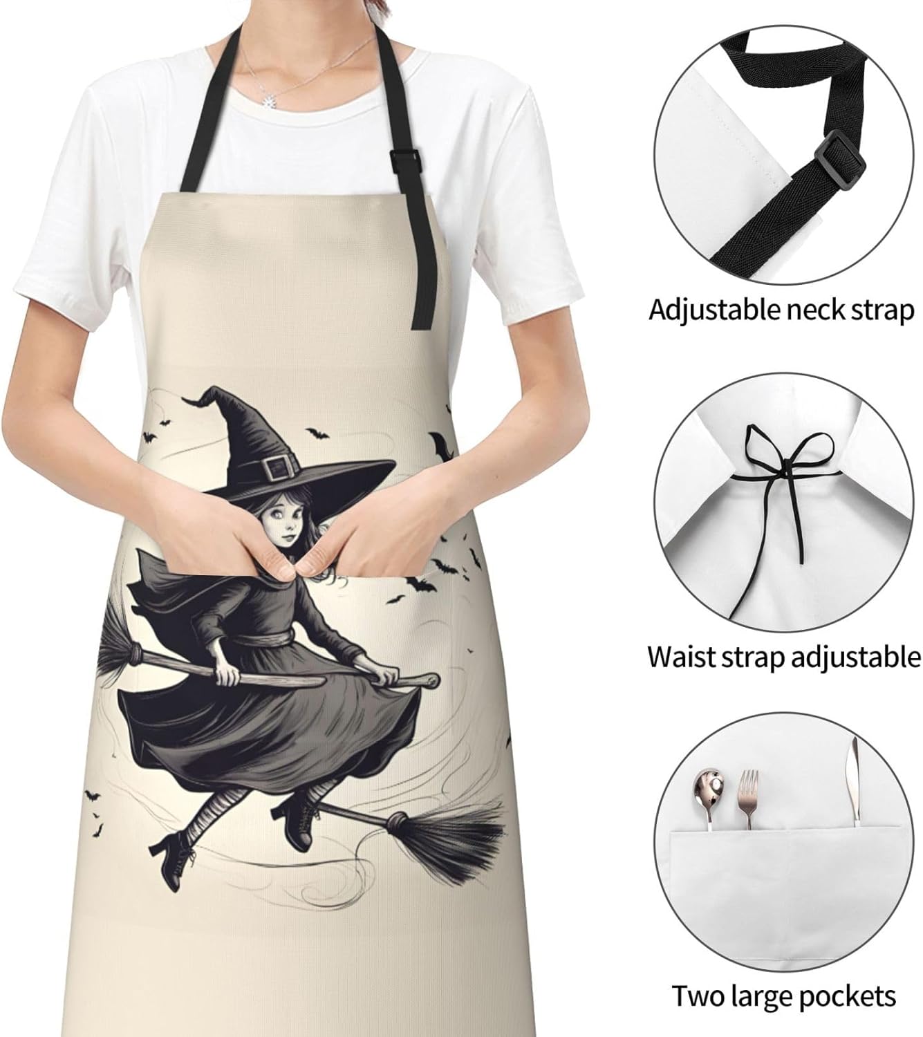 Halloween Witch Flying 1 print Waterproof chef's apron with pocket apron for kitchen cooking baking barbecue and gardening