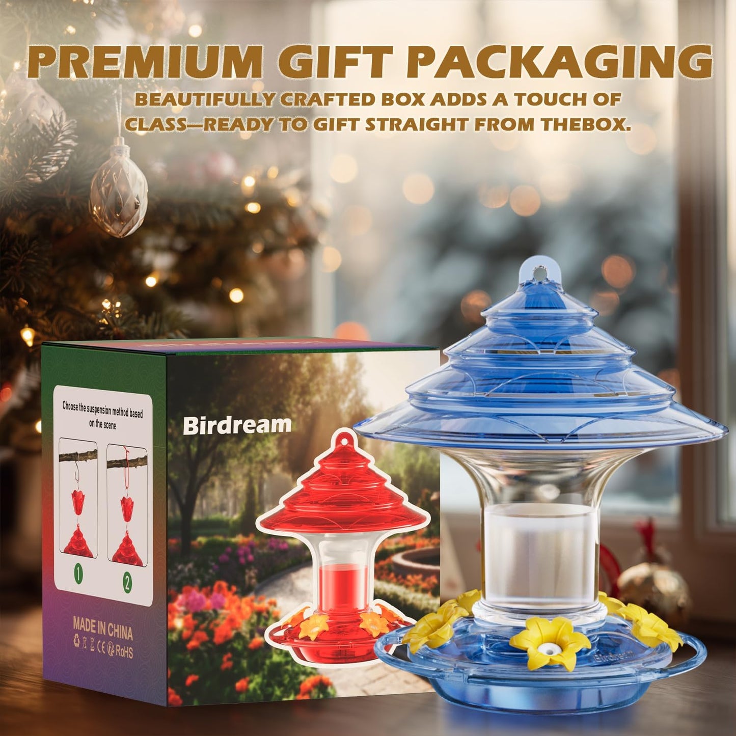 Birdream Hummingbird Feeder for Outdoors Hanging, 20 OZ Humming Birds Feeders with 5 Bee Guard Feeding Ports & Built-in Ant Moat and Brush, Bird Feeder for Outside, Gifts for Women - Blue