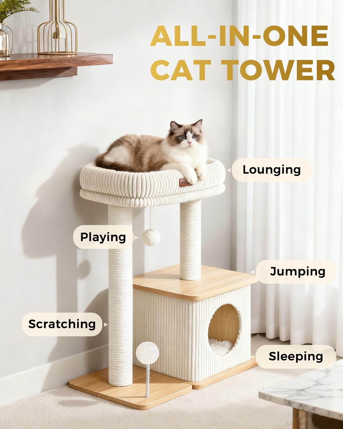 Modern Cat Tree for Indoor Cats, Nordic Loft Style, Wooden Cat Tower w
