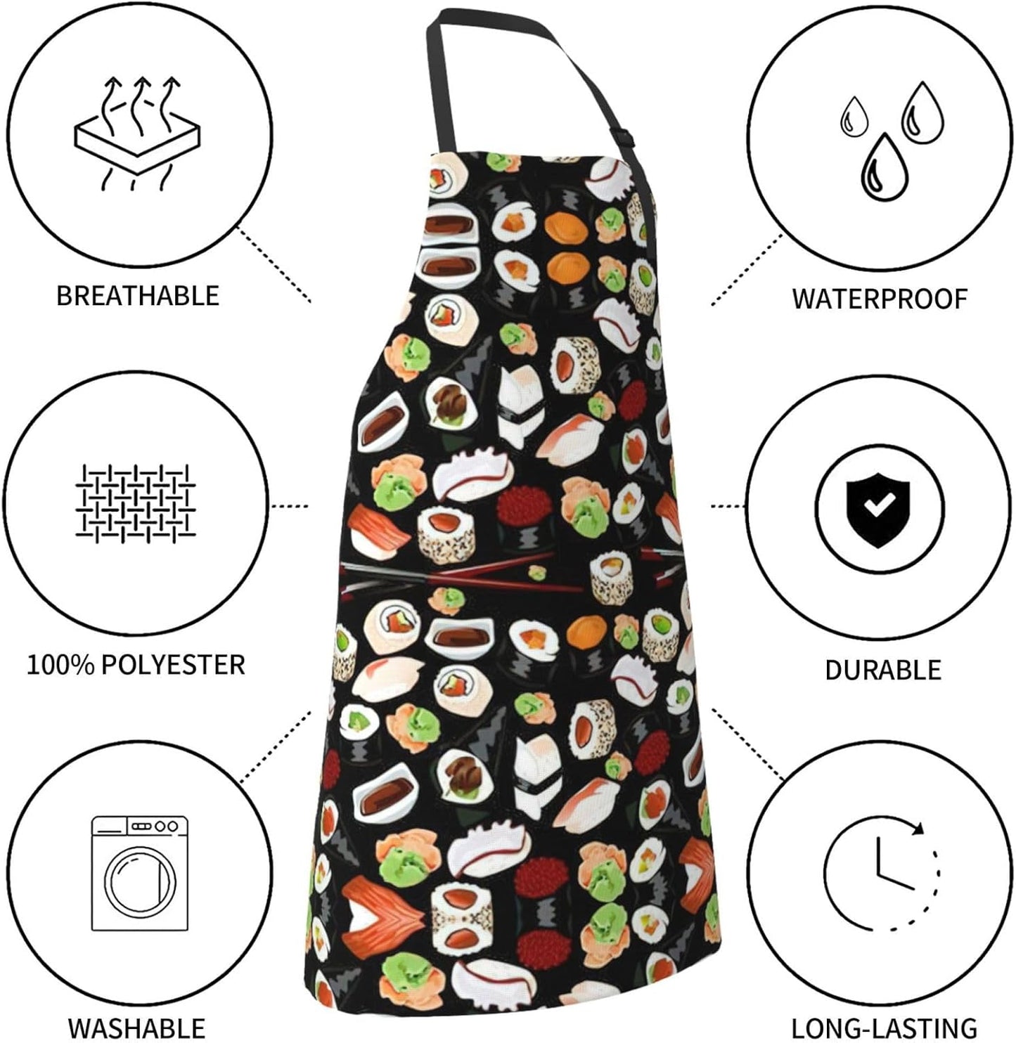 Japanese Sushi Black print Waterproof apron with pocket adjustable coo