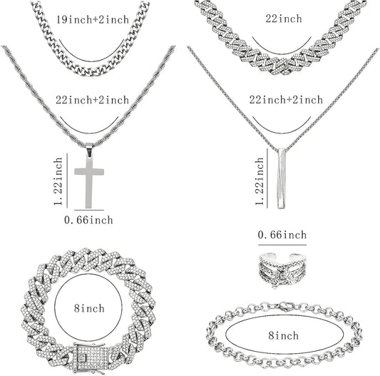 NEWITIN 15 Pieces Silver Jewelry Set for Men Stainless Steel Cuban Lin