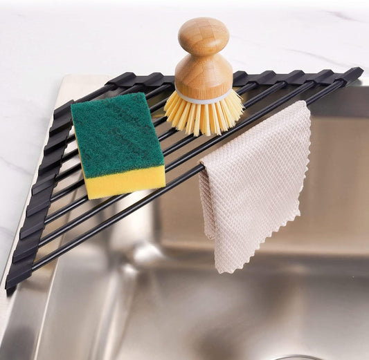 Tomorotec Small Triangle Roll-Up Dish Drying Rack with Silicone Coating Stainless Steel Frame for Sink Corners, Multipurpose Over-The-Sink Kitchen Drainer & Organizer for Space-Saving Storage (Black)