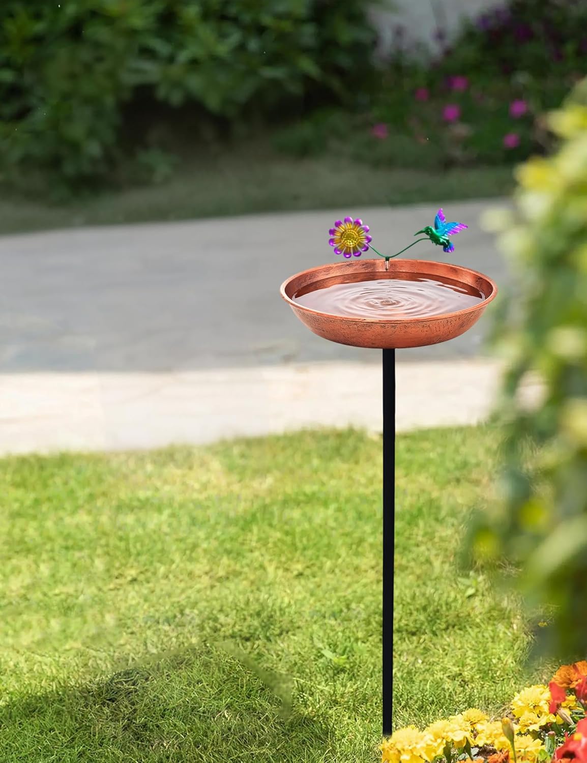 Freestanding Outdoor Bird Bath | Antique Copper 11” Metal Birdbath Bowl & Feeder with Stake for Garden Decor Yard Art (0.5 Gallon)