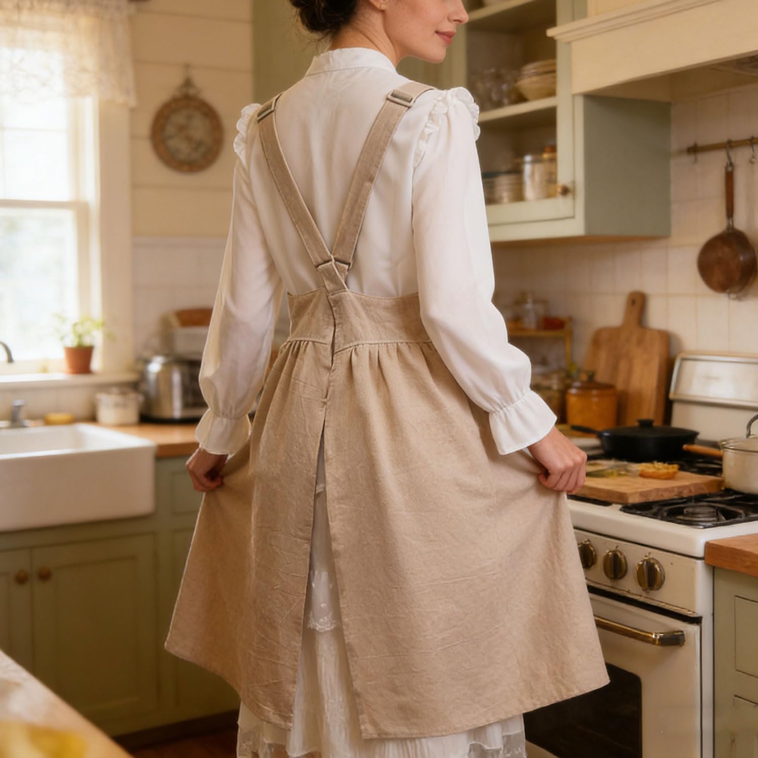 Uaussi Cotton Linen Apron Cross Back Work Apron for Women with Pockets