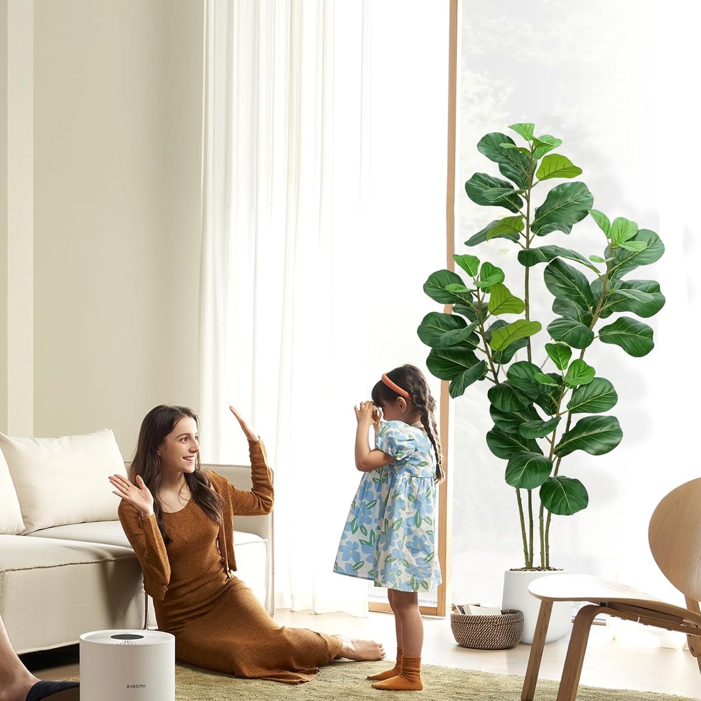 Artificial Fiddle Leaf Fig Tree with White Planter,6ft Tall Fake Plants with 4 Trunk,Faux Fig Trees Floor Plant in Pot,Fake Ficus Lyrata Trees for Indoor Living Room Bedroom Office Housewarming Gift