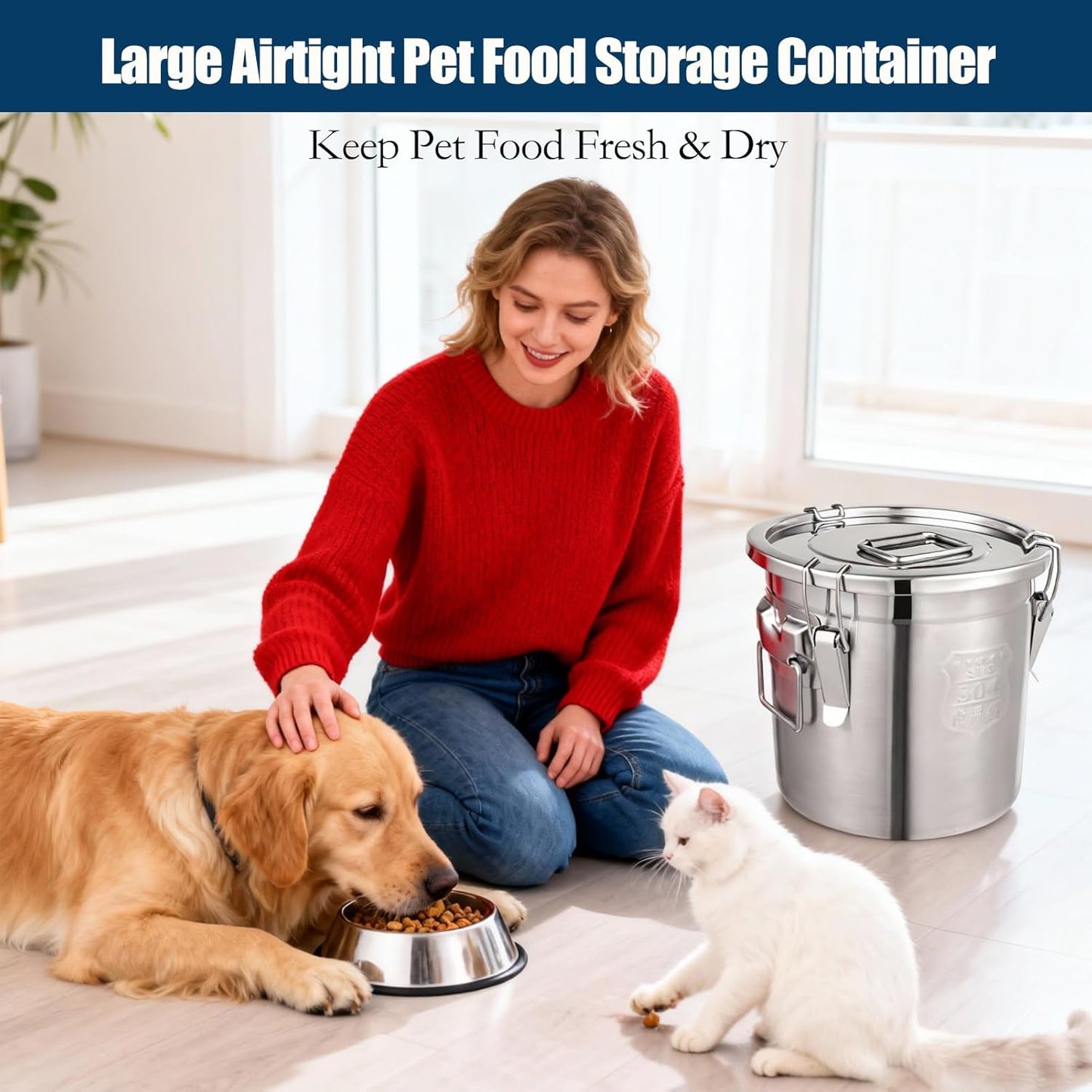 Stainless Steel Dog Food Storage Containers with Airtight Lid and Locking Clamp, Fits up to 12Lbs, Large Pet Food Storage Container Metal Pet Food Bin for Dogs, Cats & Birds Seed, Keep Fresh