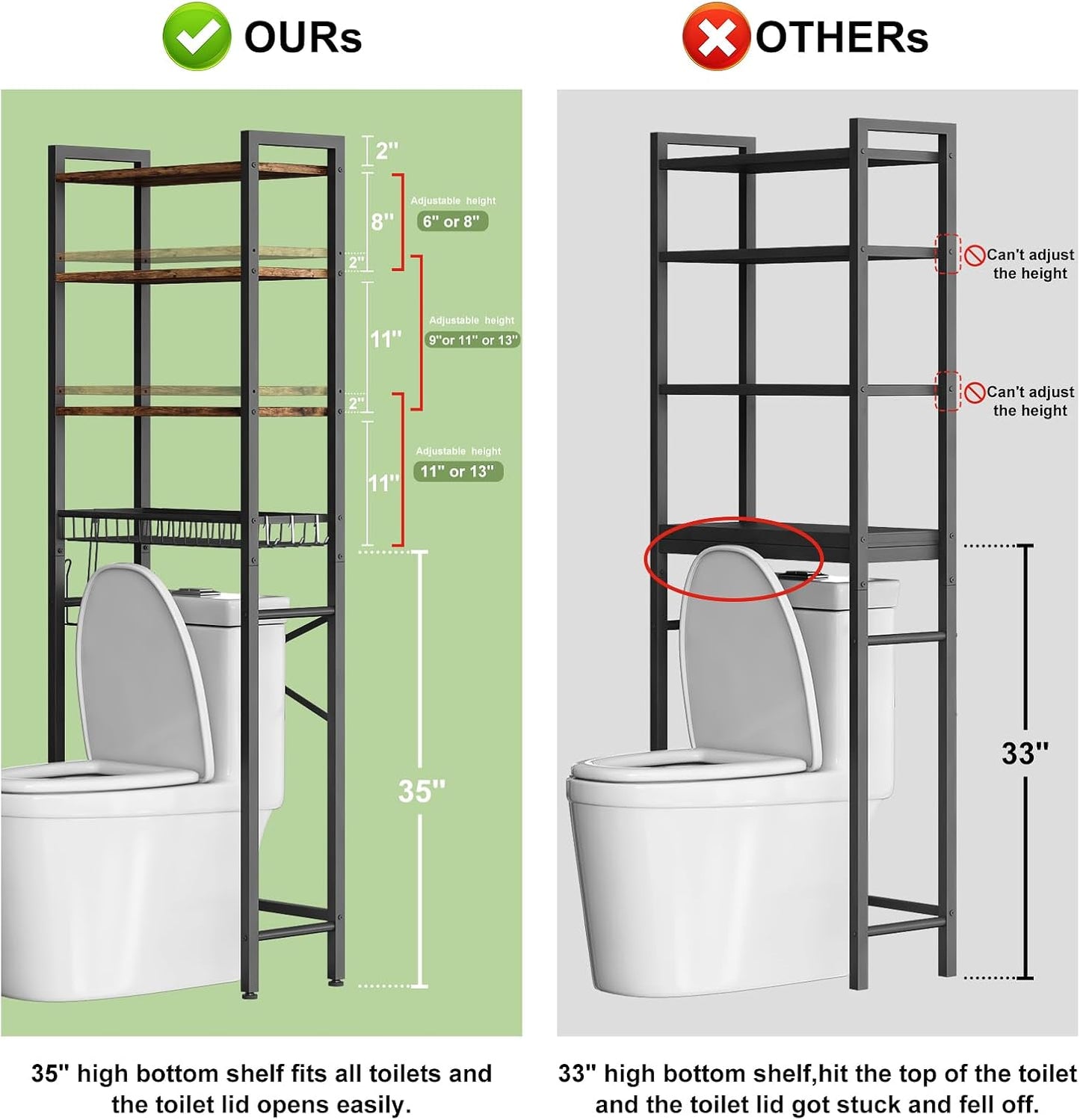 Over-The-Toilet Storage Rack, 4-Tier Bathroom Organizer Shelf Over Toilet with Adjustable Shelf and Basket, Freestanding Space Saver Bathroom Shelves Above Toilet for Room (Vintage Brown)