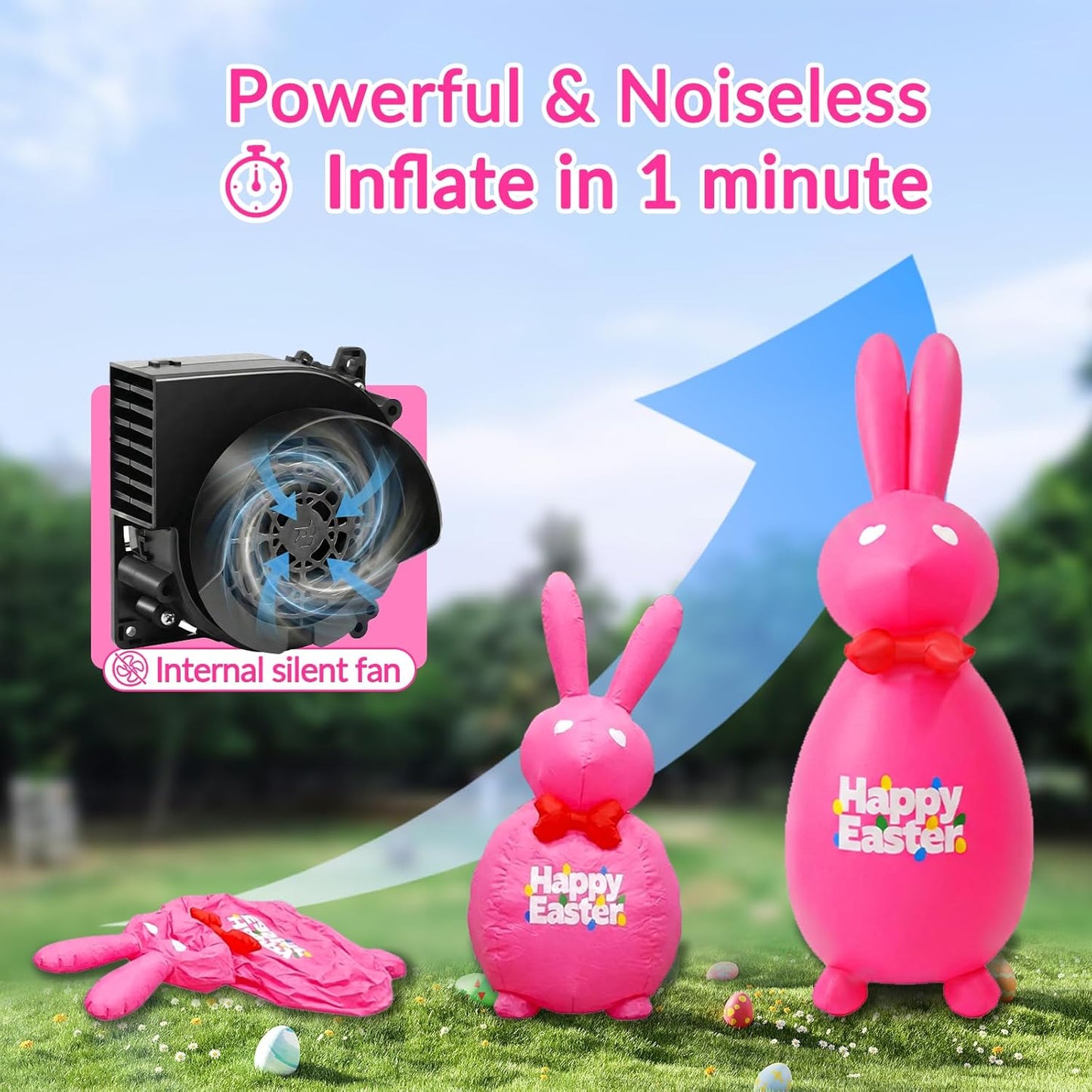 6FT Easter Inflatable Bunny Outdoor Decoration, Giant Pink Blow Up Rabbit with LED Lights, Easter Yard Decor for Lawn Garden Patio, Holiday Party Inflatables with Stakes & Tethers