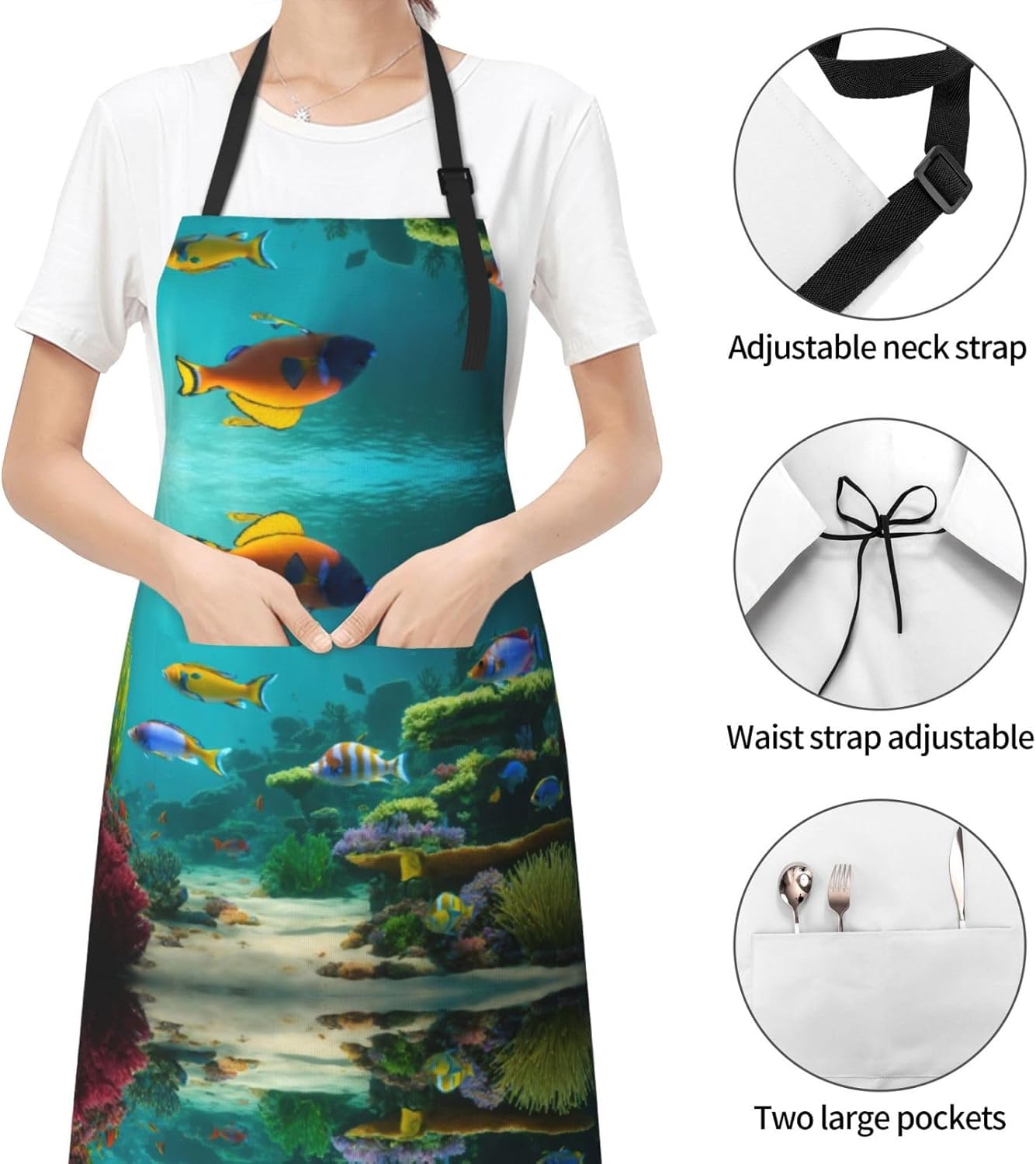 Cute Blue Fish Print Laundry apron 28x33 In Waterproof Kitchen Apron with Pockets for Cooking Baking