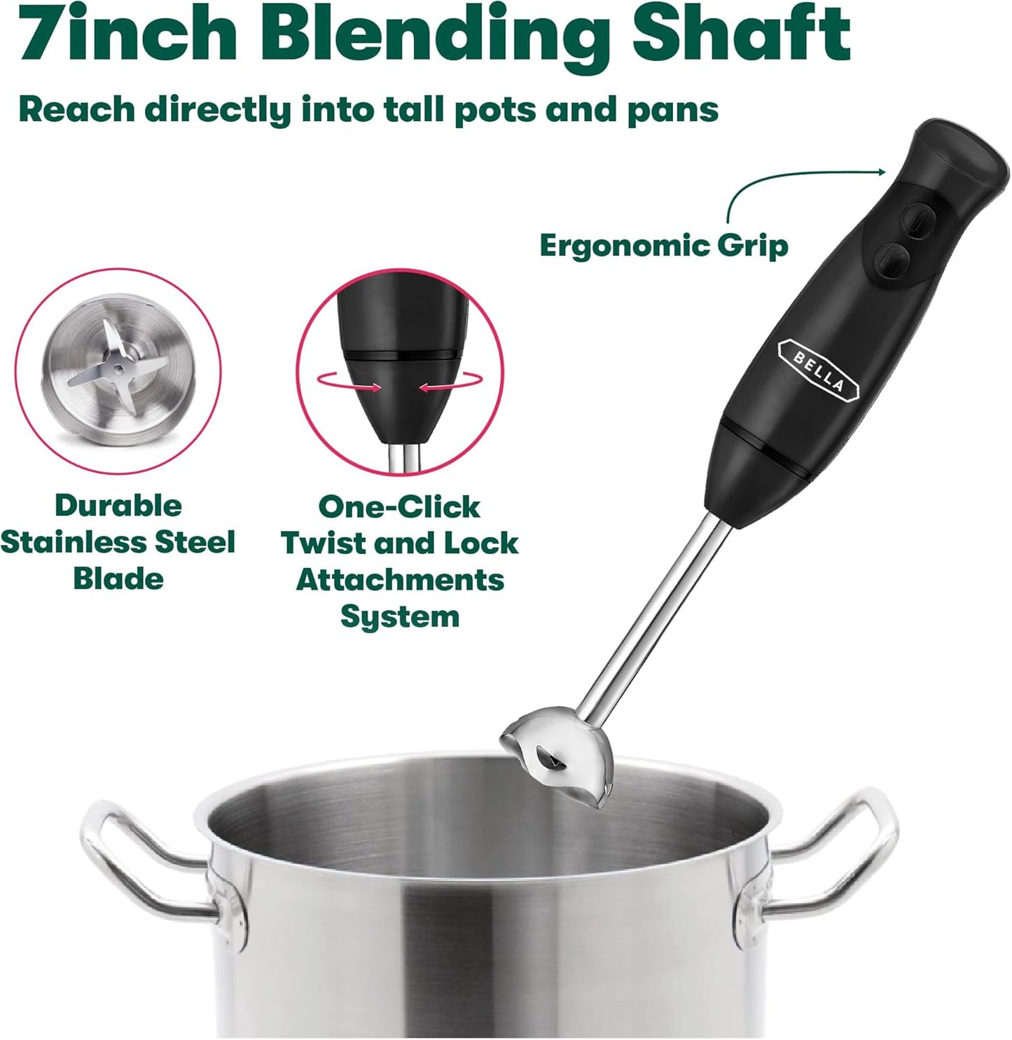 BELLA Immersion Hand Blender, Portable Mixer with Whisk Attachment - Electric Handheld Juicer, Shakes, Baby Food and Smoothie Maker, Stainless Steel, Black