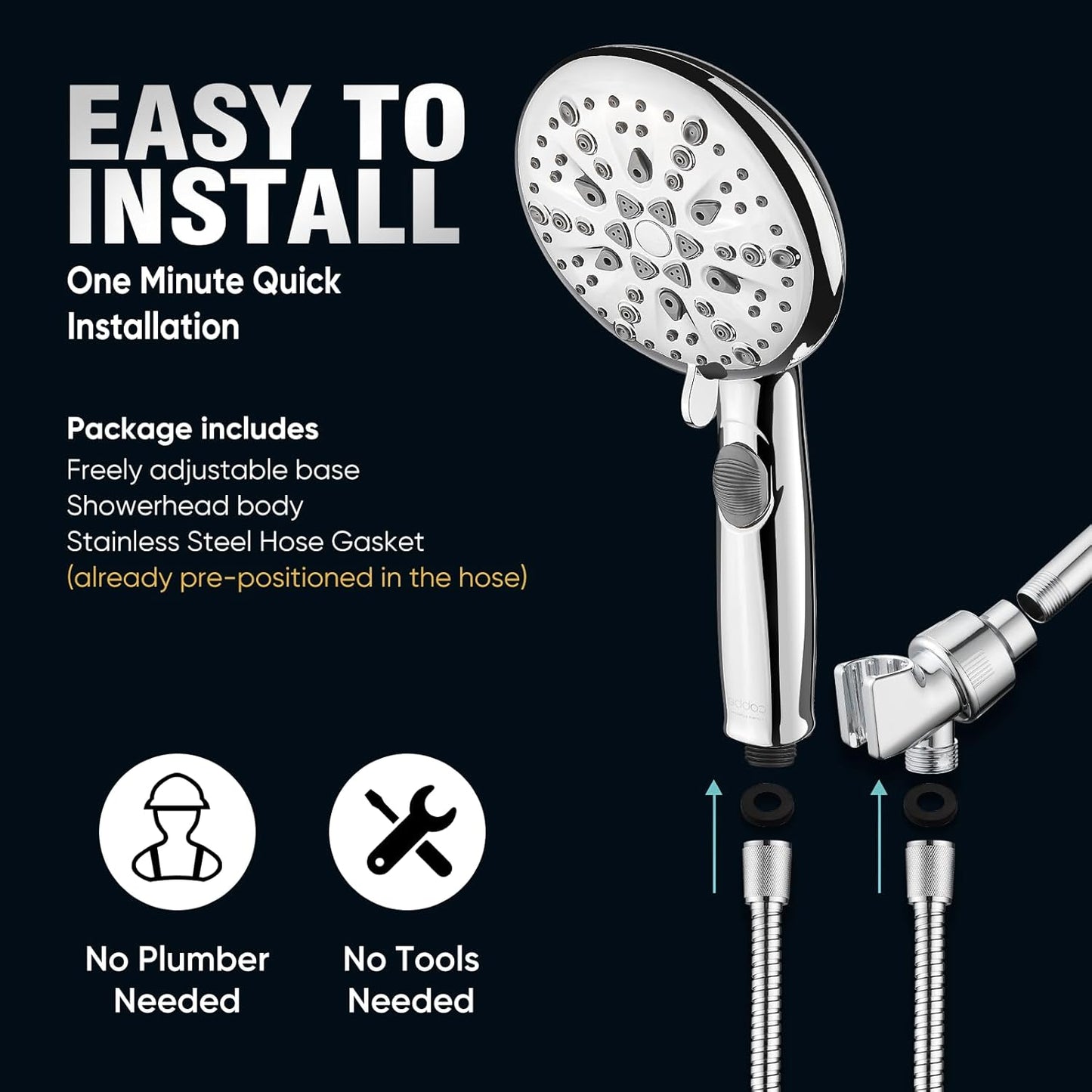 Cobbe High Pressure Shower Head with Built-in Pause Button, 9-Function Detachable Showerhead with Handheld Brass Swivel Bracket & Stainless Steel Hose, Water Saving 1-Click Stop, Chrome