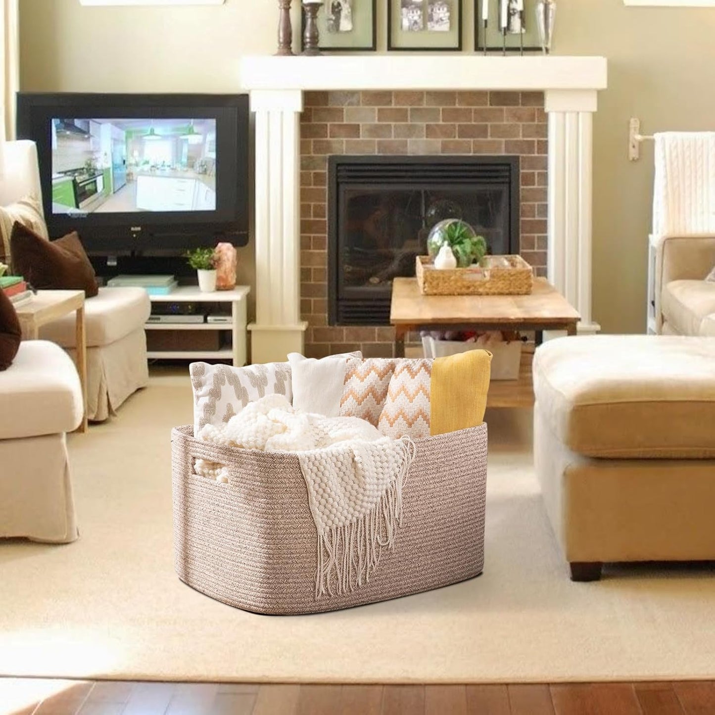OIAHOMY 75L Large Woven Cotton Rope Storage Basket with Handle for Organizing Blanket and Toys for Living Room, Nursery, Brown Variegated 22”x17”x12”