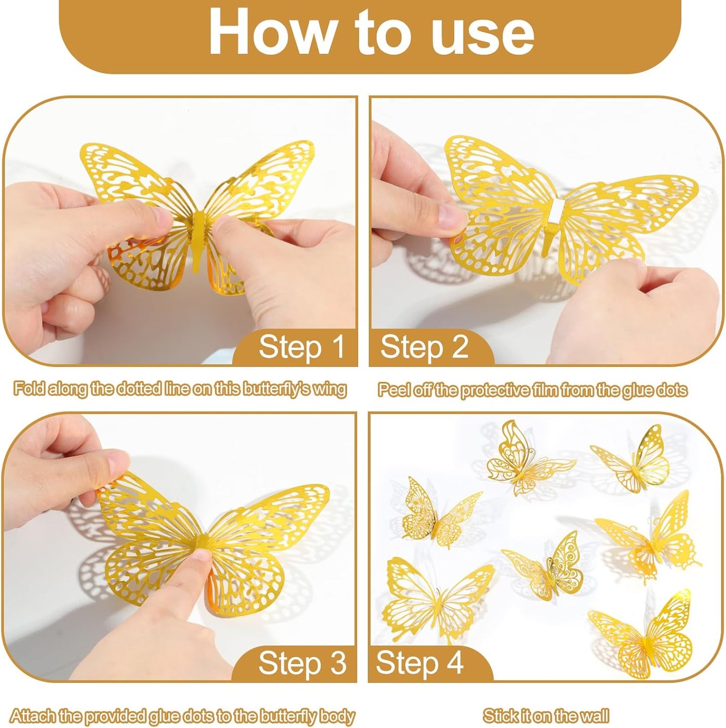 84PCS 3D Butterfly Decorations, 3 Sizes 7 Styles Butterfly Wall Decor Gold Butterflies Decorations for Cake, Butterflies Party, Birthday, Wall