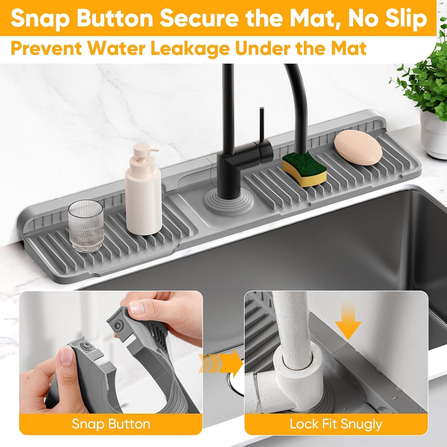 24'' Longer Faucet Mat for Kitchen Sink Splash Guard[7° Slope Fast Self-draining][Snap Lock Fit]Kitchen Sink Faucet Mat Splash Guard Kitchen Sink Area Water Splash Guard Behind Faucet Draining Mat