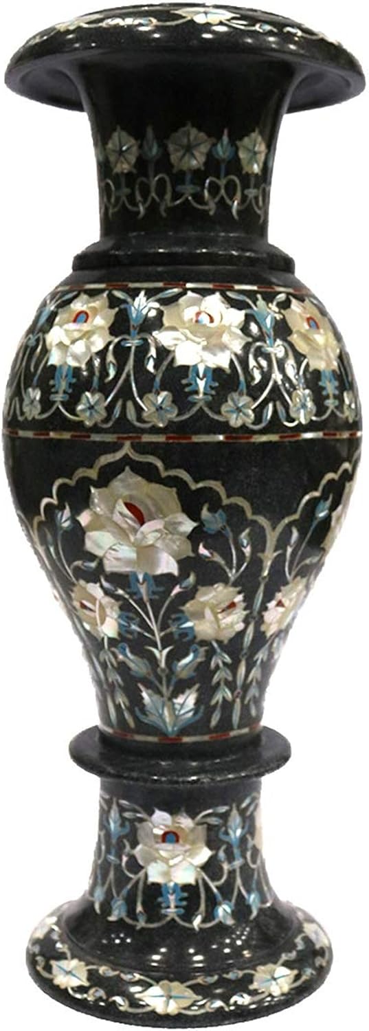 Marble Giftable Flower Vase I Mother of Pearl Inlay Flower Pot I Marble Decorative Indoor Planter I Nusery Decor Plant Stand I Corner Table Decor Vase I 14 Inches Black Marble Planterette