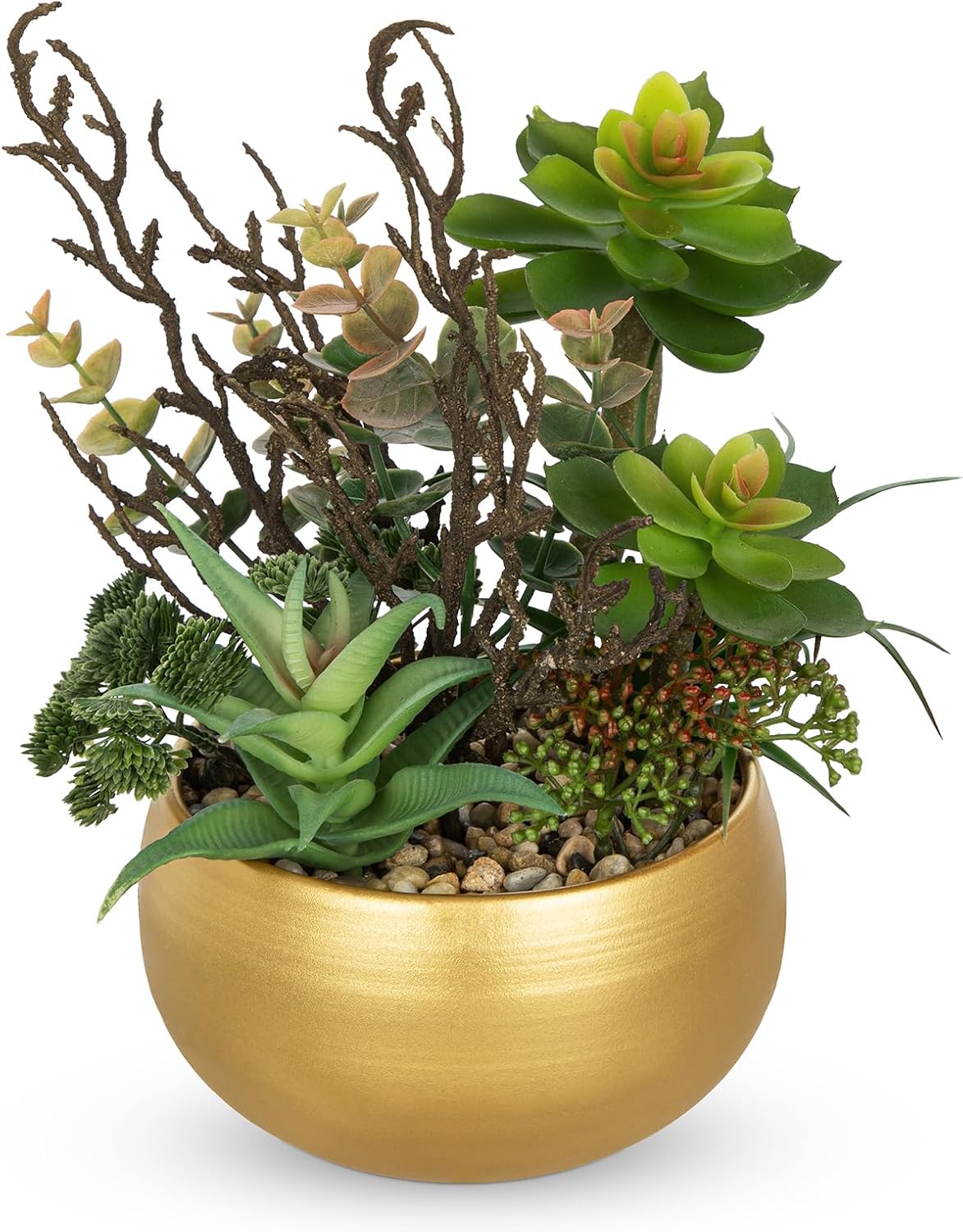 DILATATA Artificial Succulent Plants in Gold Pot Faux Succulent Arrangement Fake Potted Plants with Pebbles for Home Office Desk Shelf Table Decor