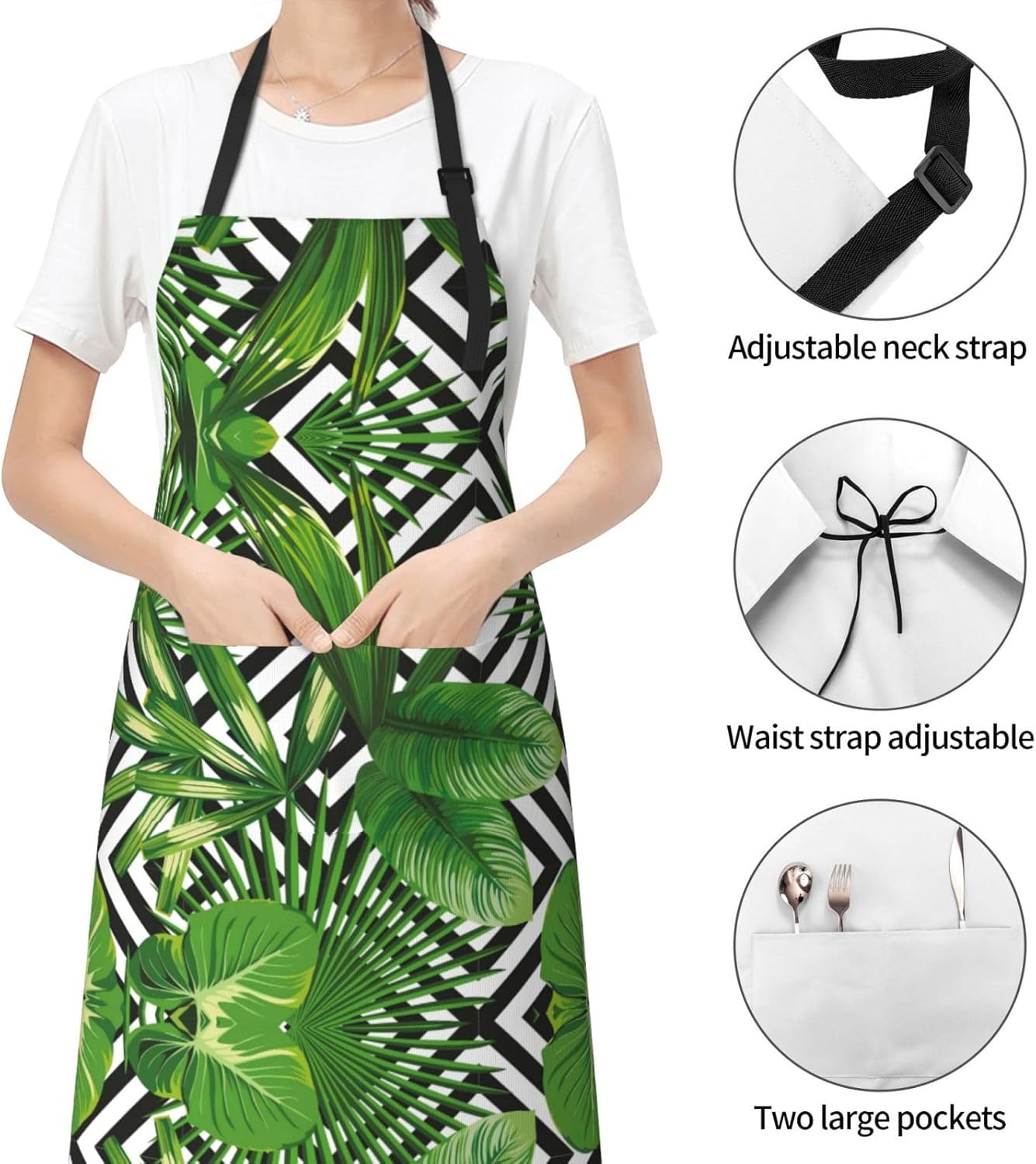 Green Leaves of Palm Tree Tropical Plant Print 28x33 In Adult Kitchen Apron with Pockets Versatile Chef Smock for Cooking Baking