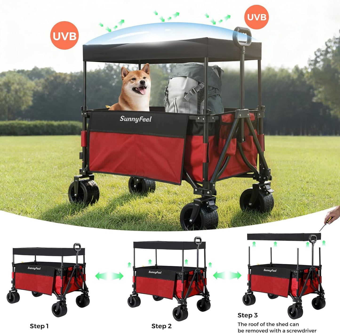 SUNNYFEEL 3 in 1 Wagon with Canopy 220lbs,230L Wagon Cart Foldable with 7'' All-Terrain PVC Wheel & Rear Hanging Shelf,Red