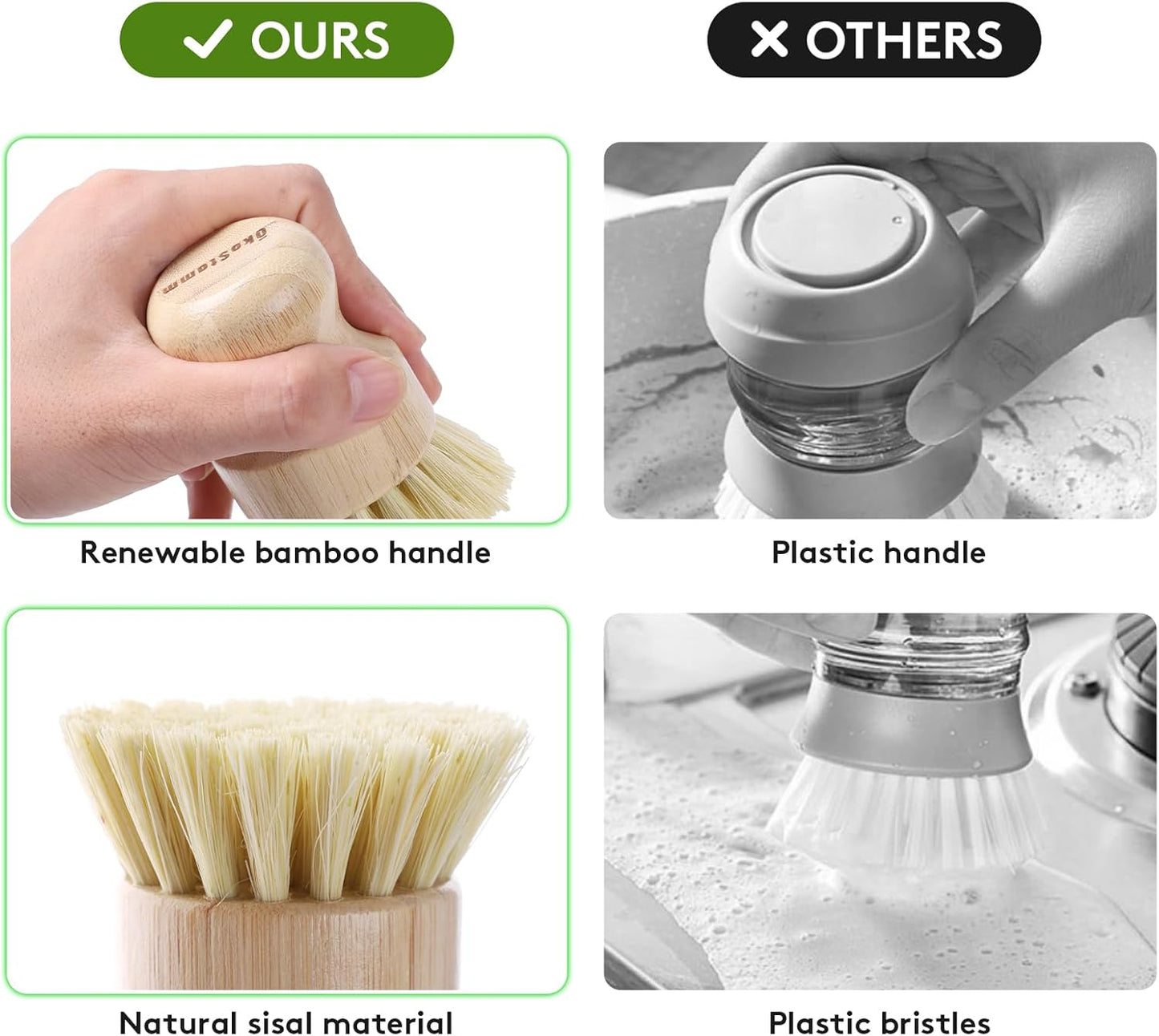 4 Pack Bamboo Dish Brush, Dish Scrubber Brush with Sisal Bristle, Natural Scrub Brush for Kitchen Cleaning Dishes, Pots, Pans, Bottles, Vegetables